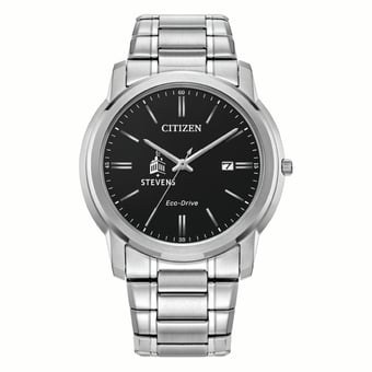 Men's Citizen Watch Silver Stevens Institute of Technology Ducks Eco-Drive Black Dial Stainless Steel Watch