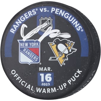 Adam Fox New York Rangers Autographed Practice-Used Puck Used During Warmups vs. Pittsburgh Penguins on March 16, 2023