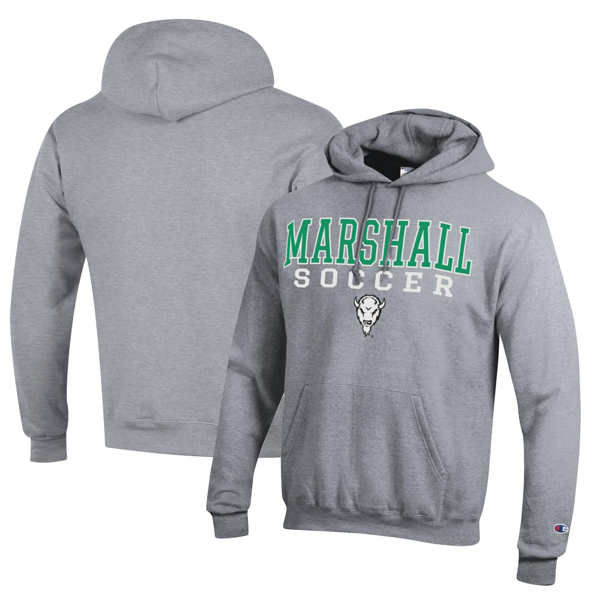Men's Champion Heather Gray Marshall Thundering Herd Soccer Stack Logo Powerblend Pullover Hoodie
