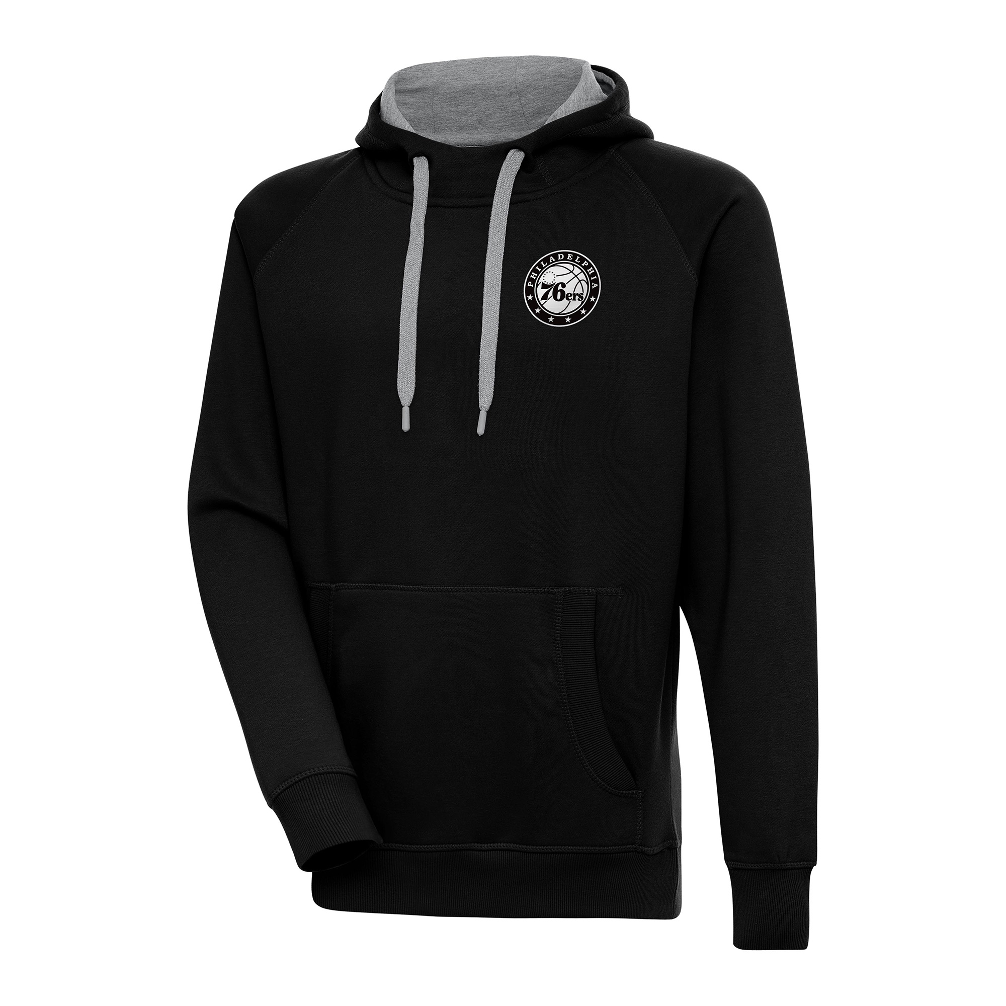 Men's Antigua Black Philadelphia 76ers Metallic Logo Victory Pullover Hoodie