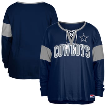 Women's New Era Navy Dallas Cowboys Plus Size Lace-Up Notch Neck Long Sleeve T-Shirt