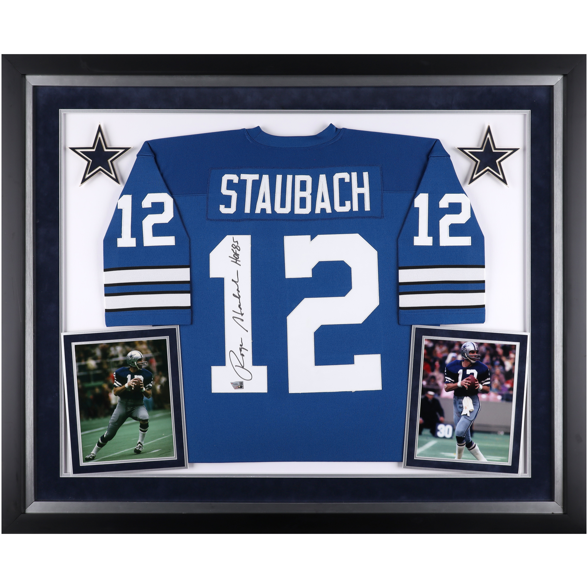 Roger Staubach Dallas Cowboys Autographed Deluxe Framed Blue Authentic Mitchell & Ness Jersey with "HOF 85" Inscription