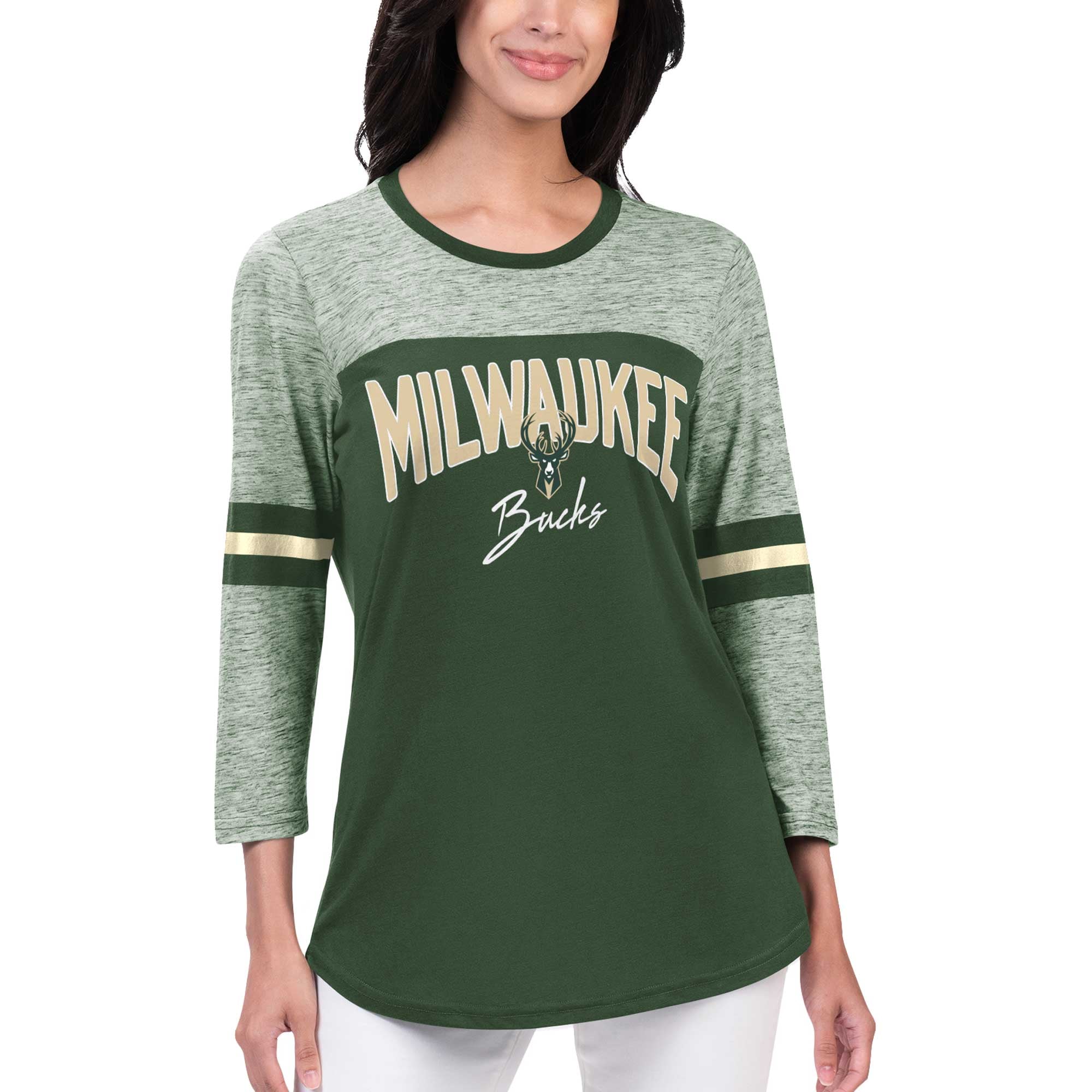 Women's G-III 4Her by Carl Banks Hunter Green Milwaukee Bucks Play the Game 3/4-Sleeve T-Shirt