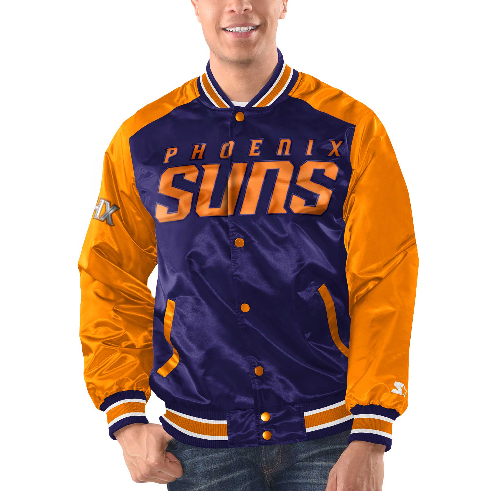 Men's Starter Purple/Orange Phoenix Suns Renegade Satin Full-Snap Varsity Jacket