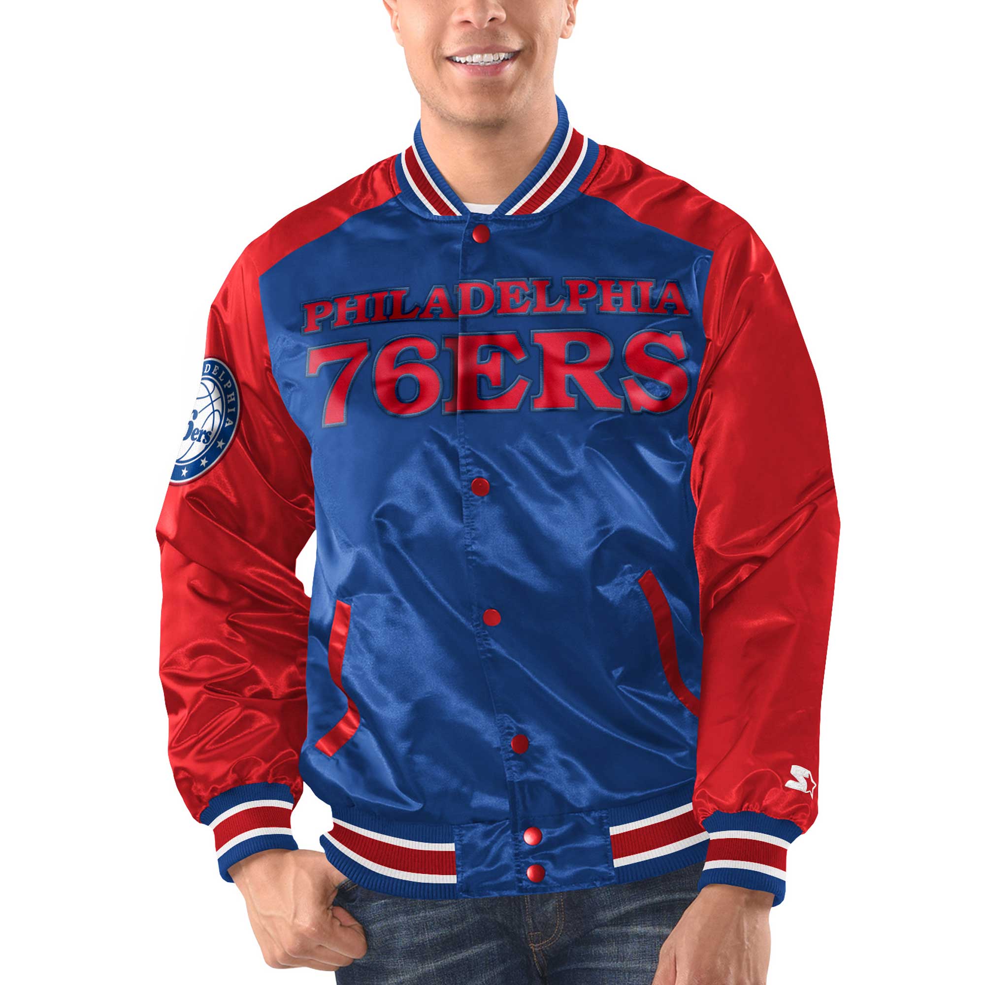 Men's Starter Royal/Red Philadelphia 76ers Renegade Satin Full-Snap Varsity Jacket