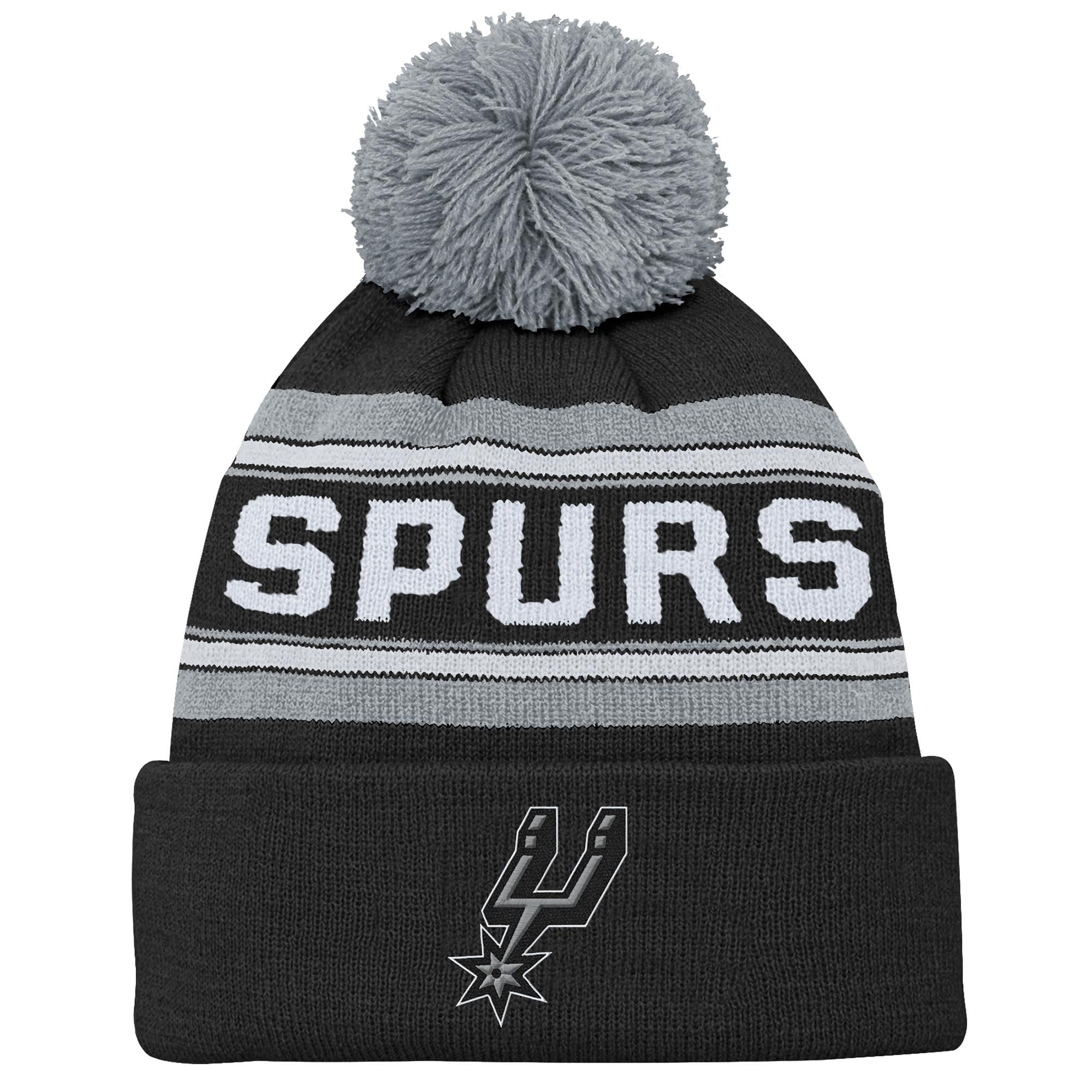 Outerstuff Big Boys' and Girls' Black San Antonio Spurs Backboard Jacquard Cuffed Knit with Pom Hat - Black