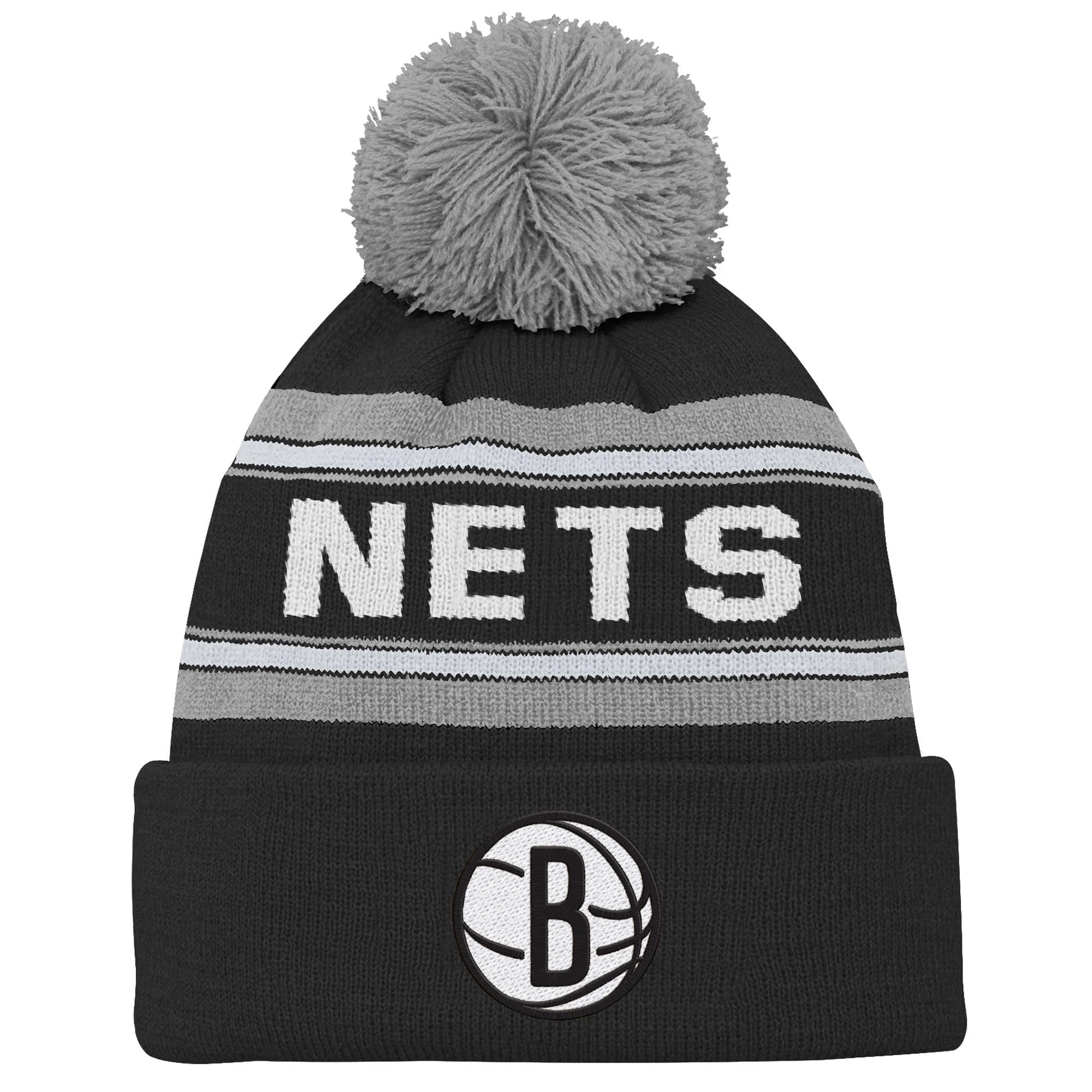 Youth Black Brooklyn Nets Backboard Jacquard Cuffed Knit Hat with Pom