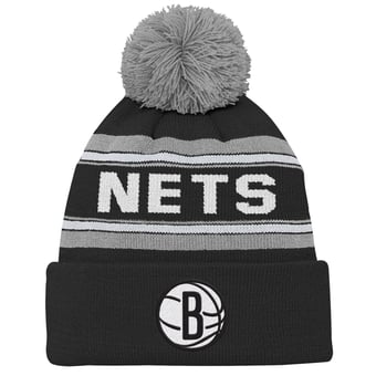 Youth Black Brooklyn Nets Backboard Jacquard Cuffed Knit Hat with Pom