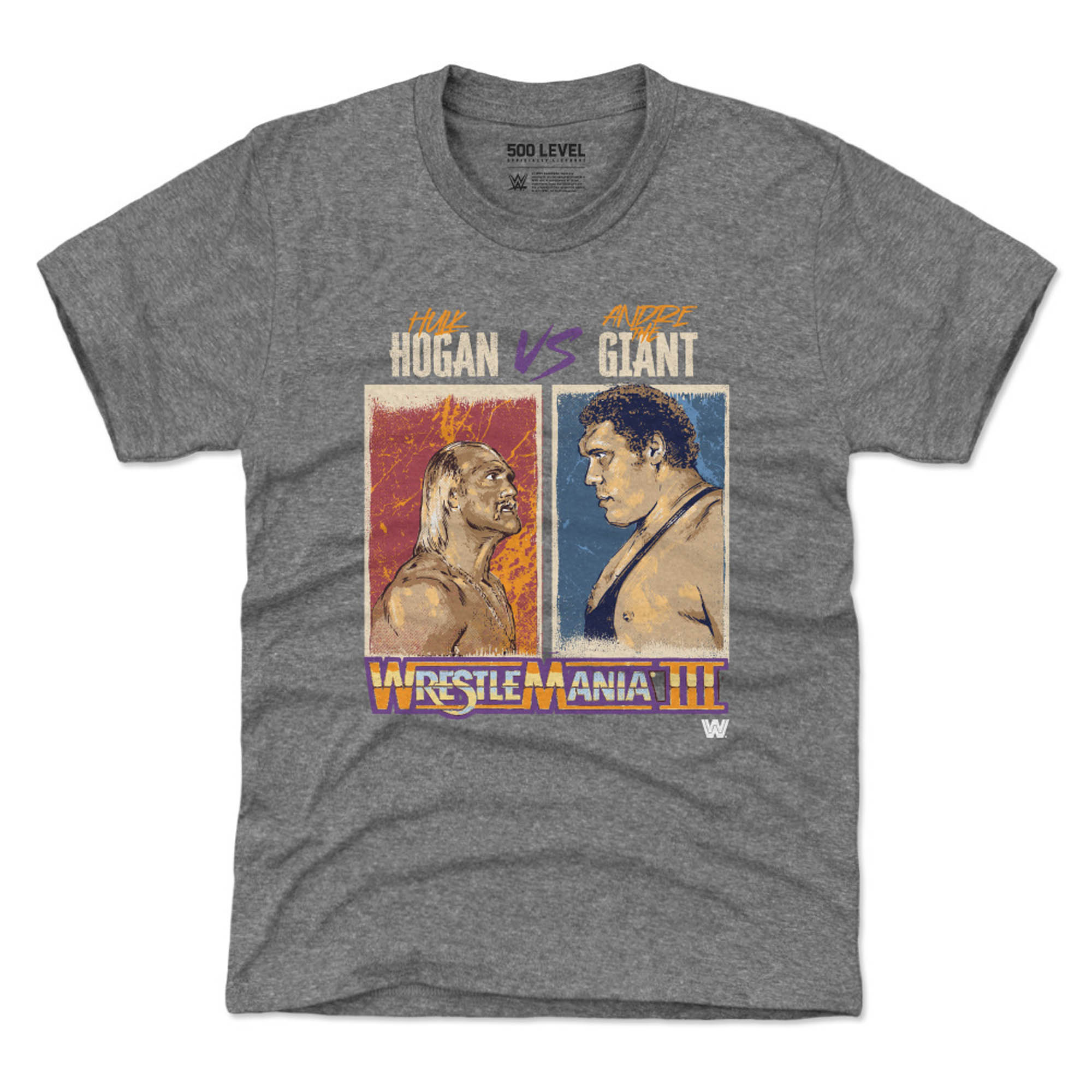 Youth 500 Level Heather Gray WrestleMania III Hulk Hogan Vs. Andre The Giant T-Shirt Youth 500 Level Heather Gray WrestleMania III Hulk Hogan Vs. Andre The Giant T-Shirt