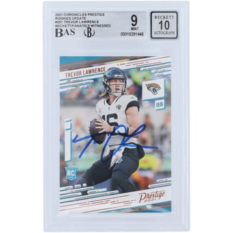 Trevor Lawrence Jacksonville Jaguars Autographed 2021 Panini Chronicles Prestige Rookies Update #201 Beckett Fanatics Witnessed Authenticated 9/10 Rookie Card