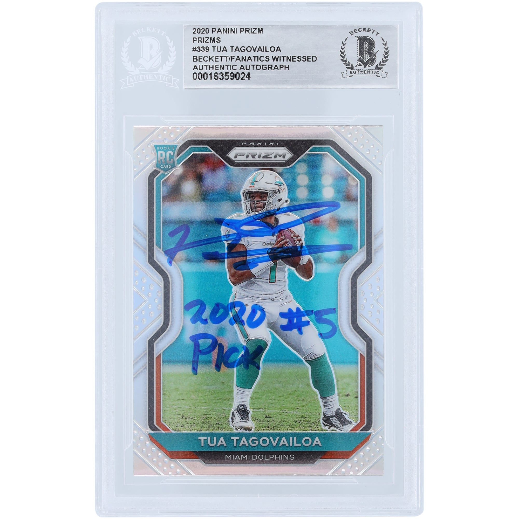 Tua Tagovailoa Miami Dolphins Autographed 2020 Panini Prizm Silver Prizm #339 Beckett Fanatics Witnessed Authenticated Rookie Card with “2020 #5 PICK” Inscription