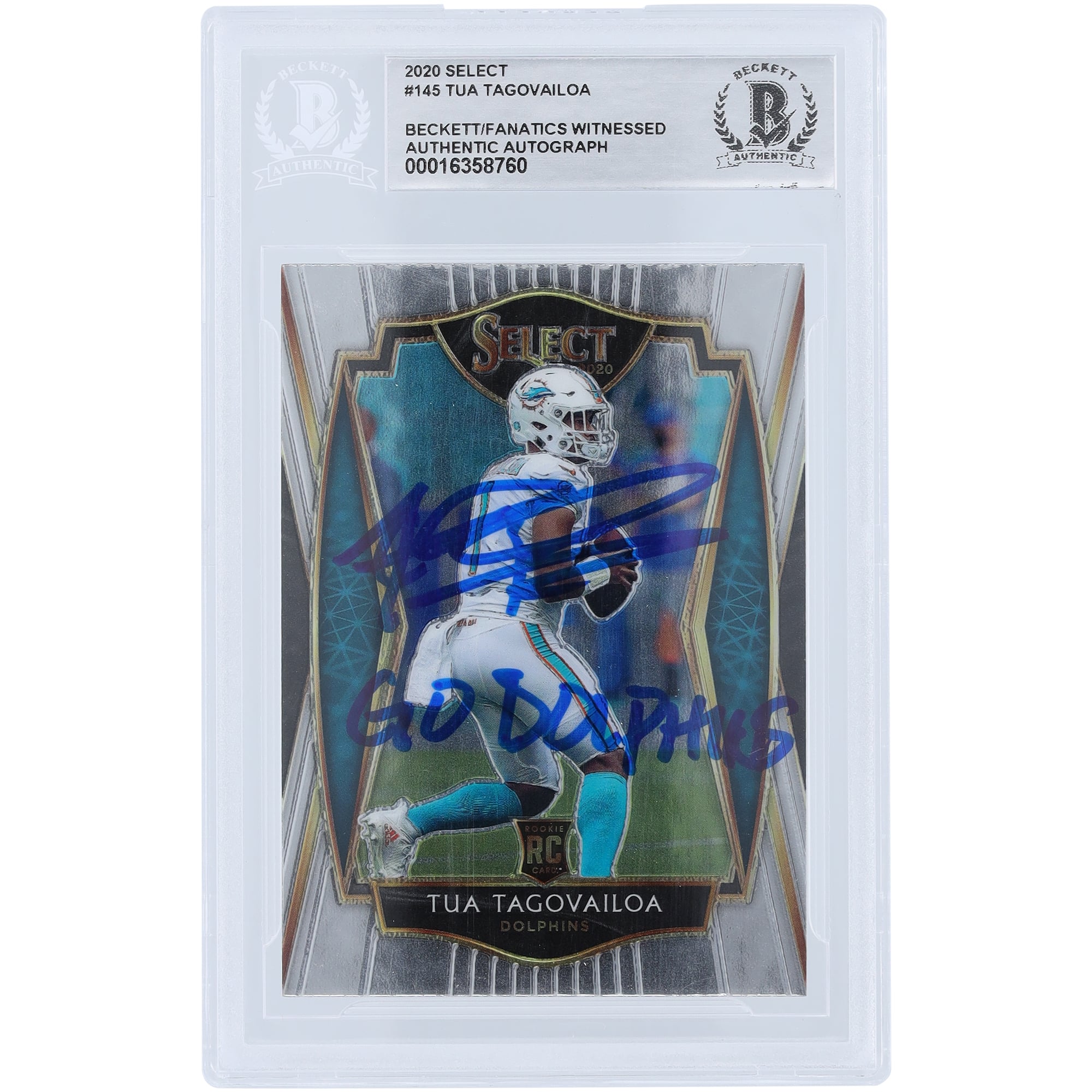 Tua Tagovailoa Miami Dolphins Autographed 2020 Panini Select Premier Level #145 Beckett Fanatics Witnessed Authenticated Rookie Card with “GO DOLPHINS” Inscription
