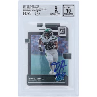 Breece Hall New York Jets Autographed 2022 Panini Donruss Rated Rookie #214 Beckett Fanatics Witnessed Authenticated 9/10 Rookie Card