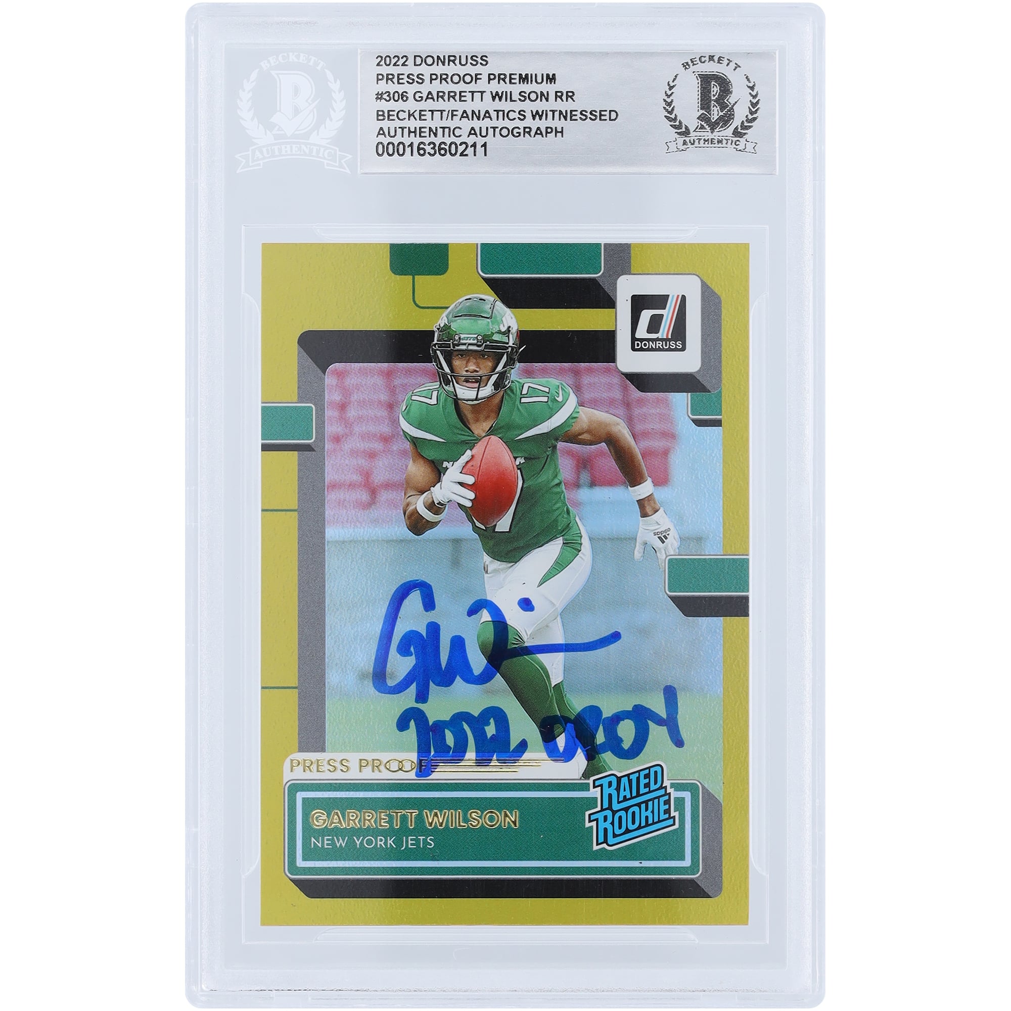 Garrett Wilson New York Jets Autographed 2022 Panini Donruss Rated Rookie Press Proof Premium #306 Beckett Fanatics Witnessed Authenticated Rookie Card with 202. rookie card picture