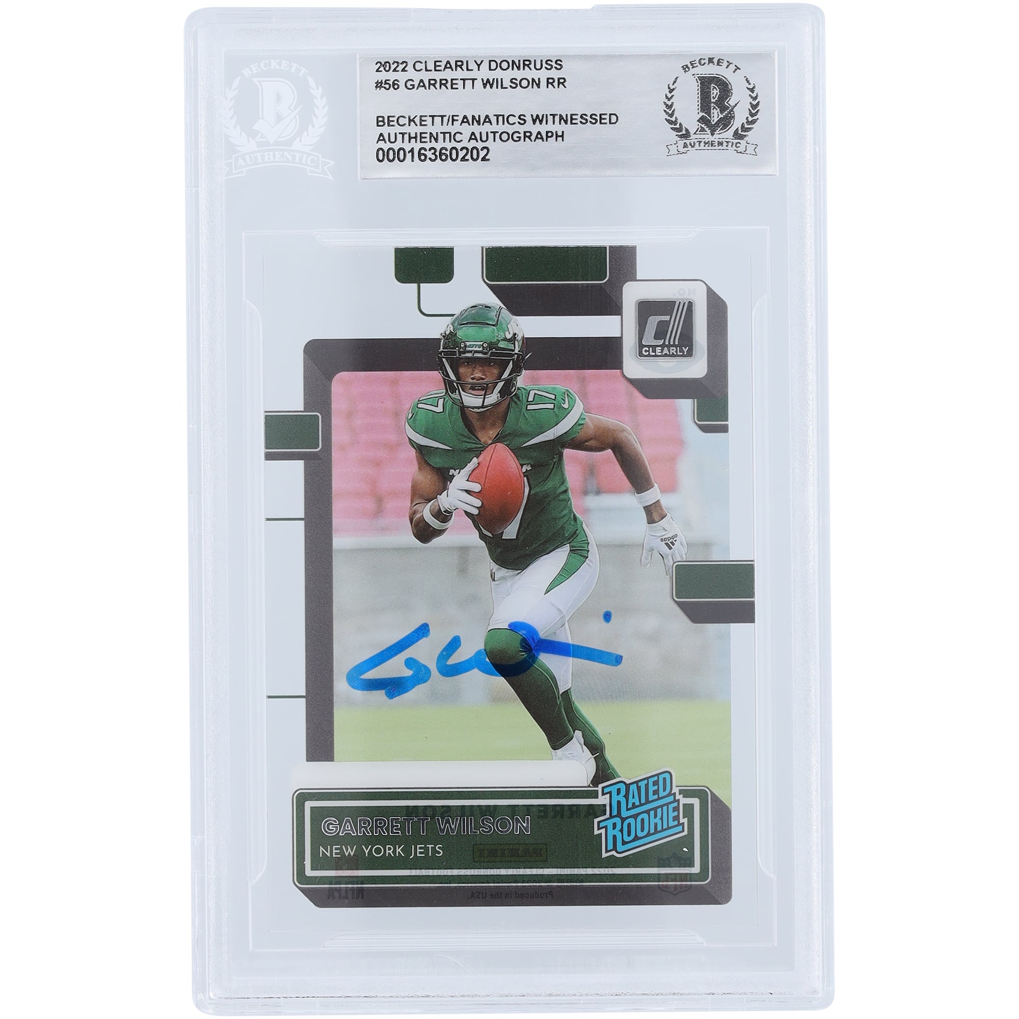 Garrett Wilson New York Jets Autographed 2022 Panini Clearly Donruss Rated Rookie #56 Beckett Fanatics Witnessed Authenticated Rookie Card. rookie card picture