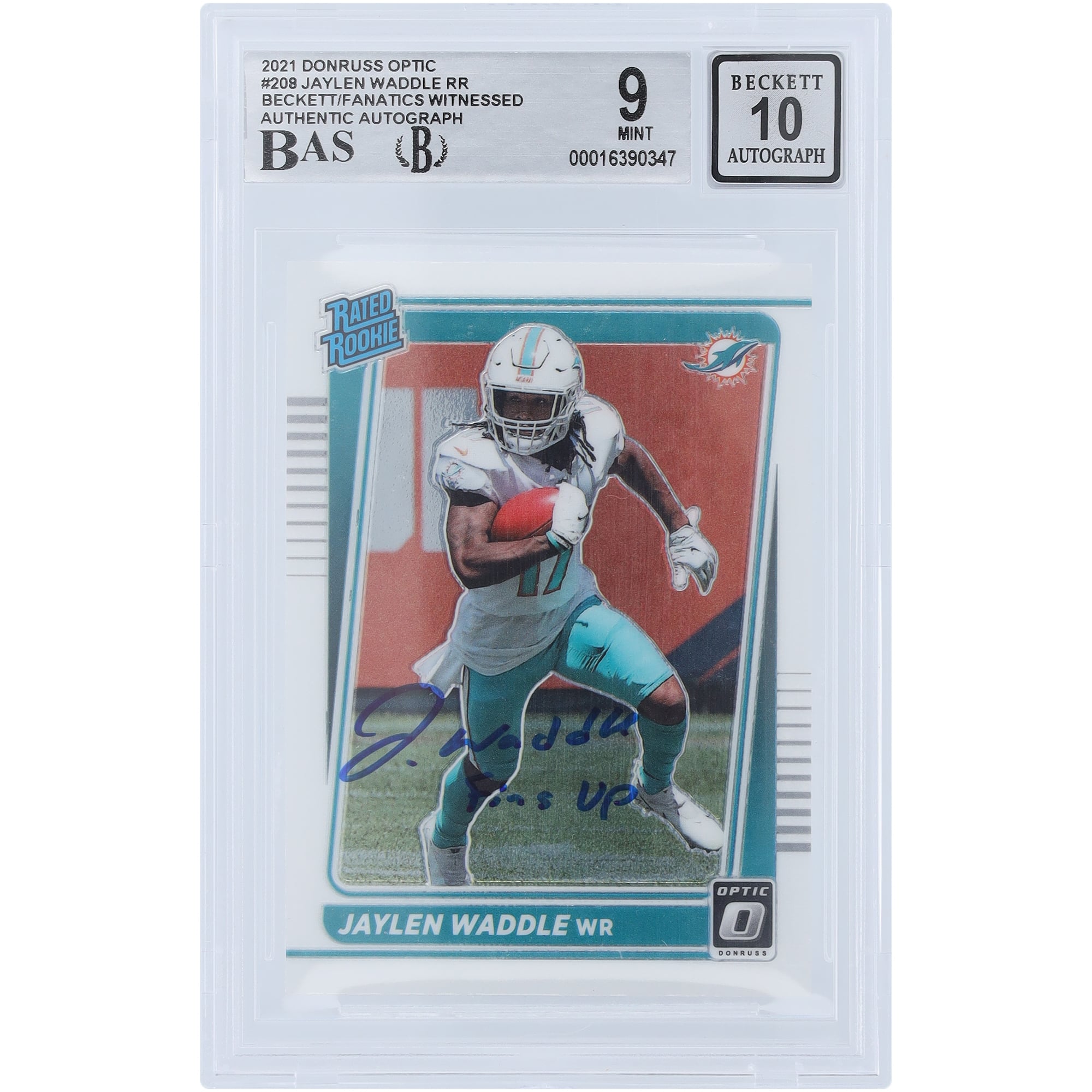 Jaylen Waddle Miami Dolphins Autographed 2021 Panini Donruss Optic Rated Rookie #208 Beckett Fanatics Witnessed Authenticated 9/10 Rookie Card with "Fins Up" Inscription