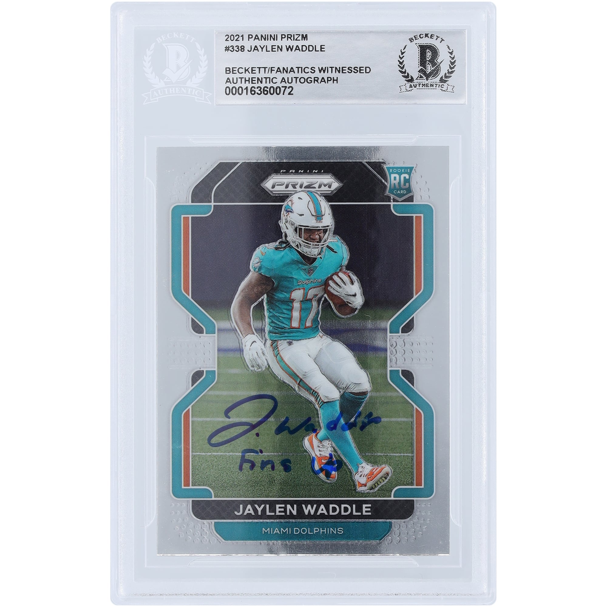 Jaylen Waddle Miami Dolphins Autographed 2021 Panini Prizm #338 Beckett Fanatics Witnessed Authenticated Rookie Card with "Fins Up" Inscription