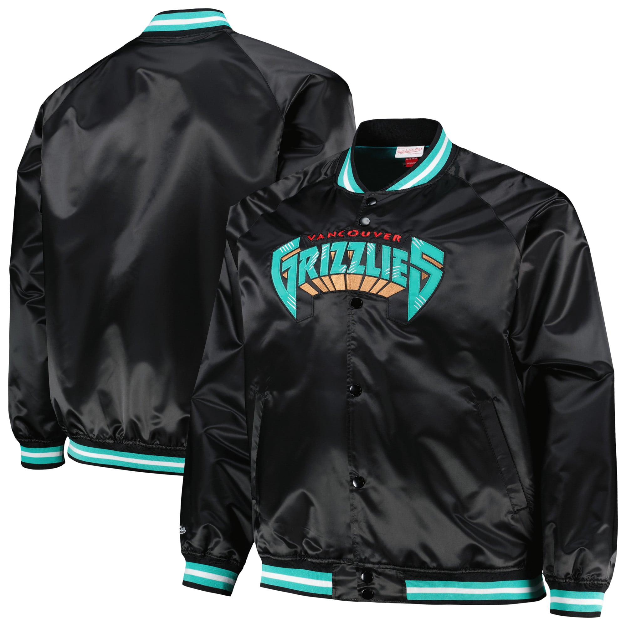 Men's Mitchell & Ness Black Vancouver Grizzlies Big & Tall Hardwood Classics Wordmark Satin Raglan Full-Zip Jacket