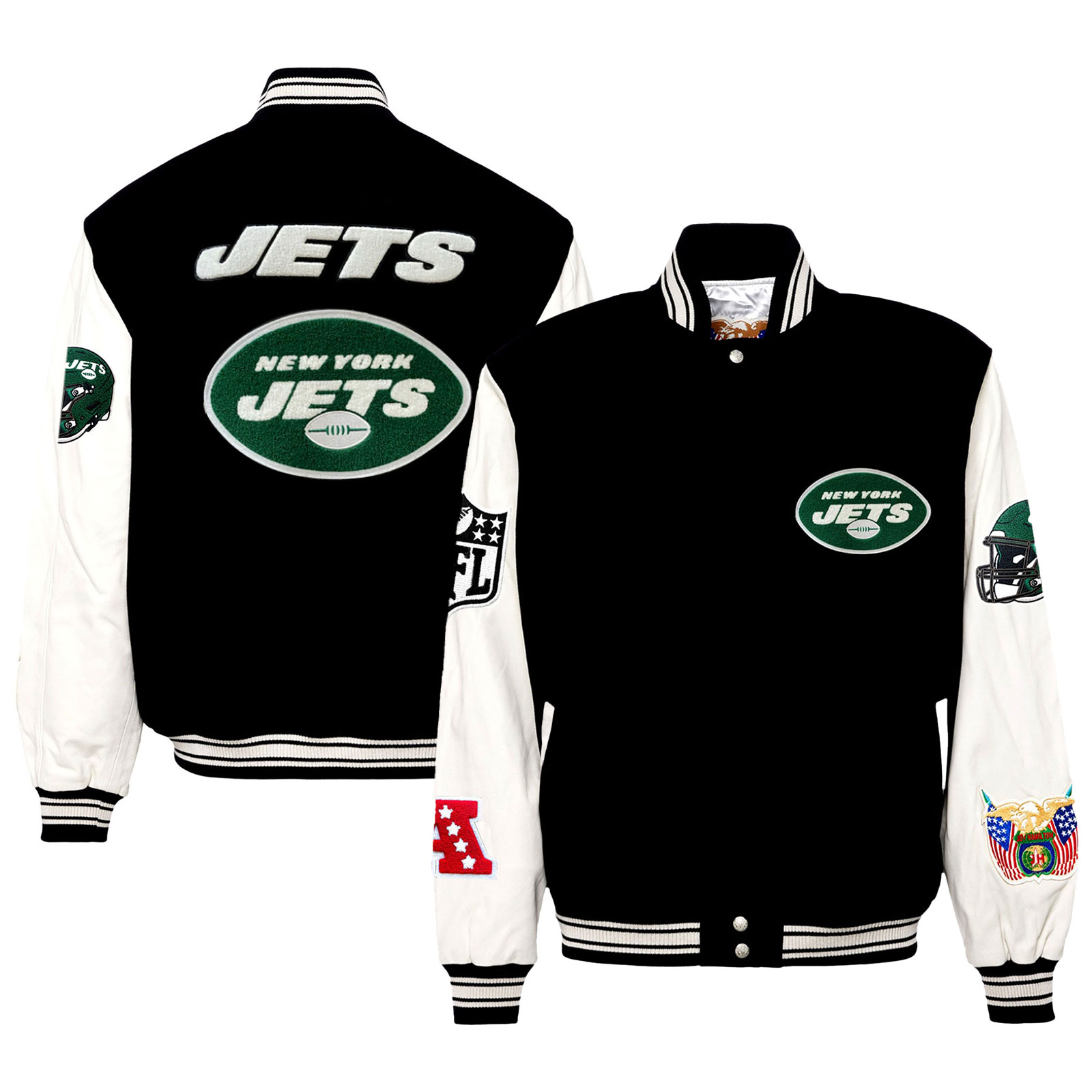 Men's Jeff Hamilton Black New York Jets Wool & Leather Full-Snap Varsity Jacket