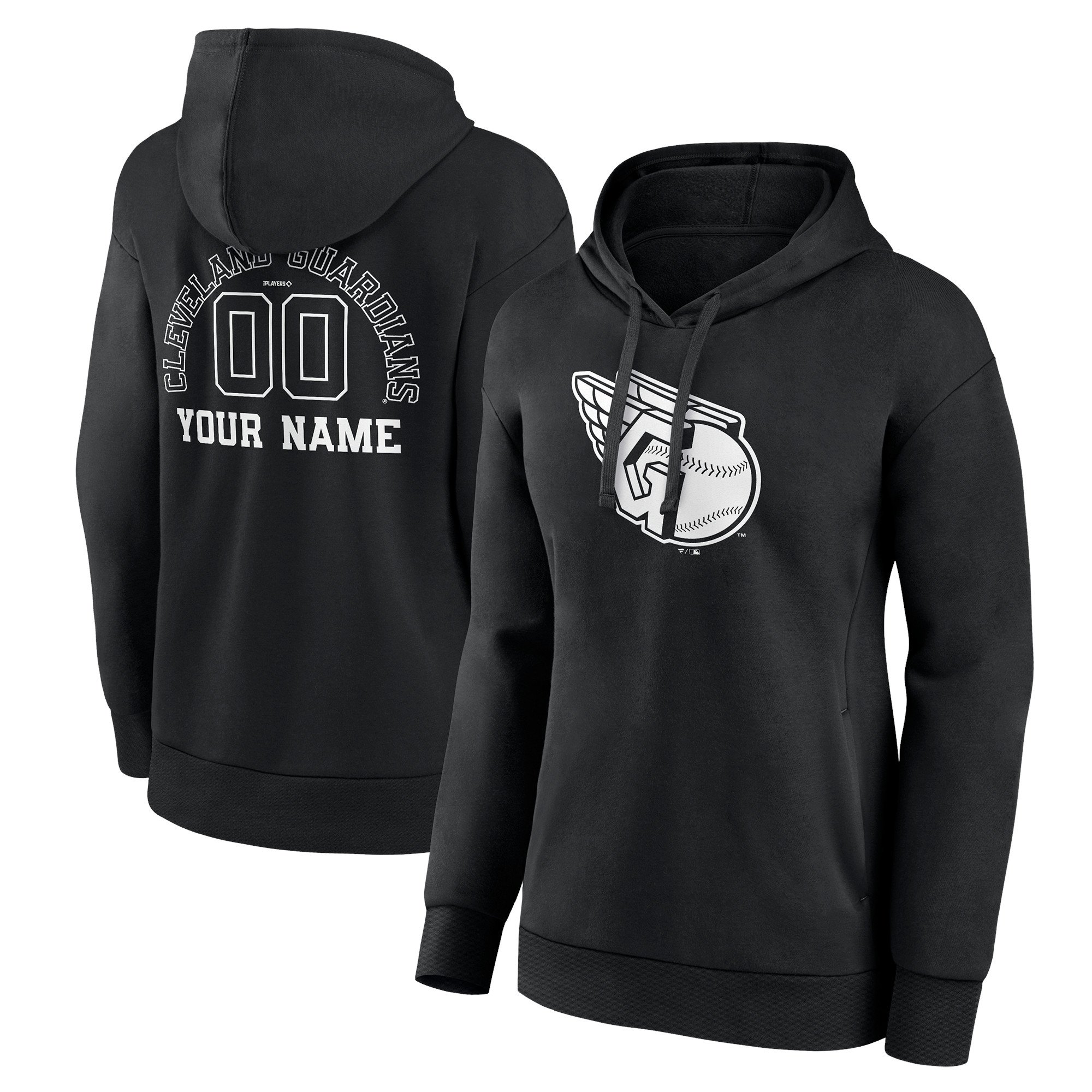 Women's Black Cleveland Guardians Monochrome Personalized Name & Number Pullover Hoodie