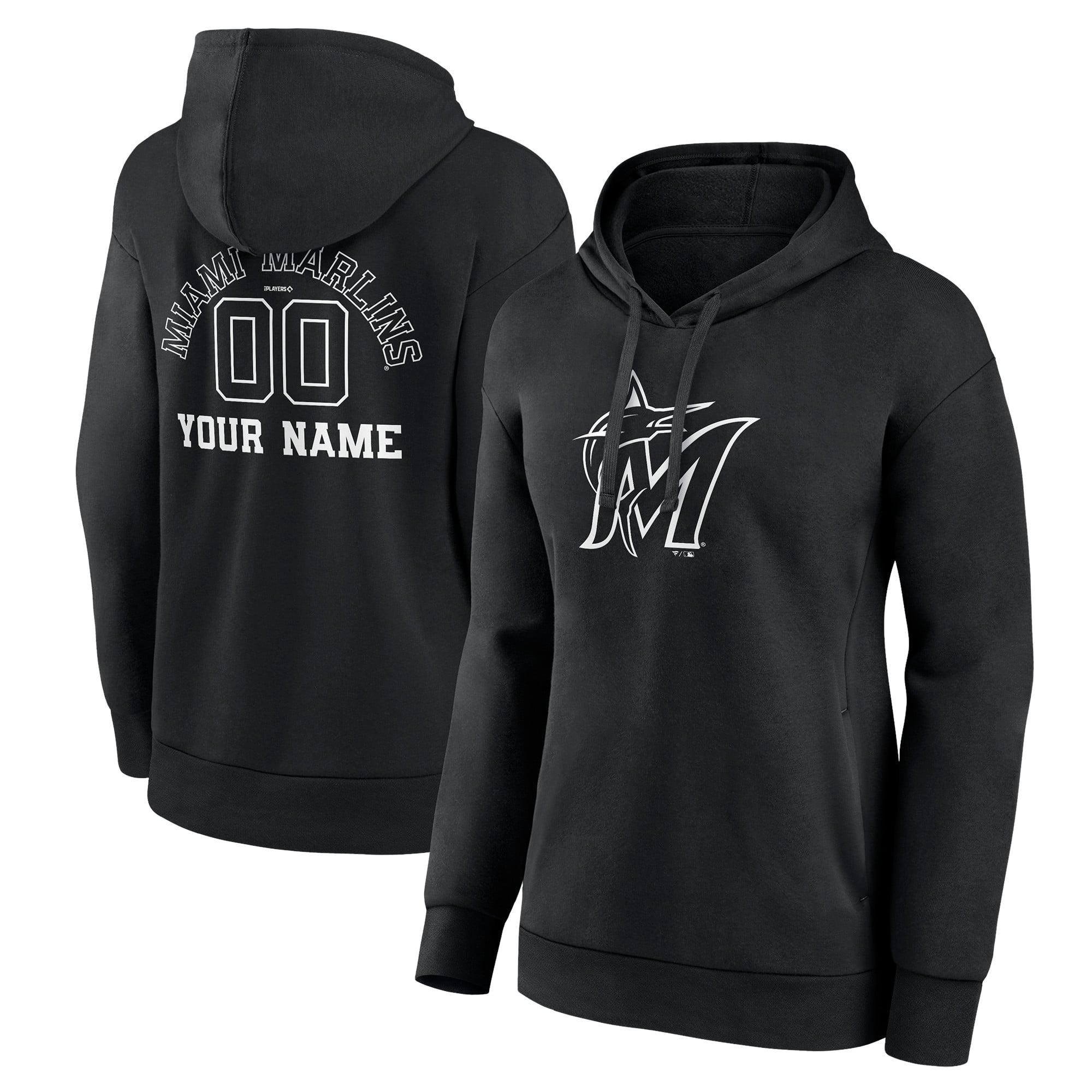 Women's Black Miami Marlins Monochrome Personalized Name & Number Pullover Hoodie