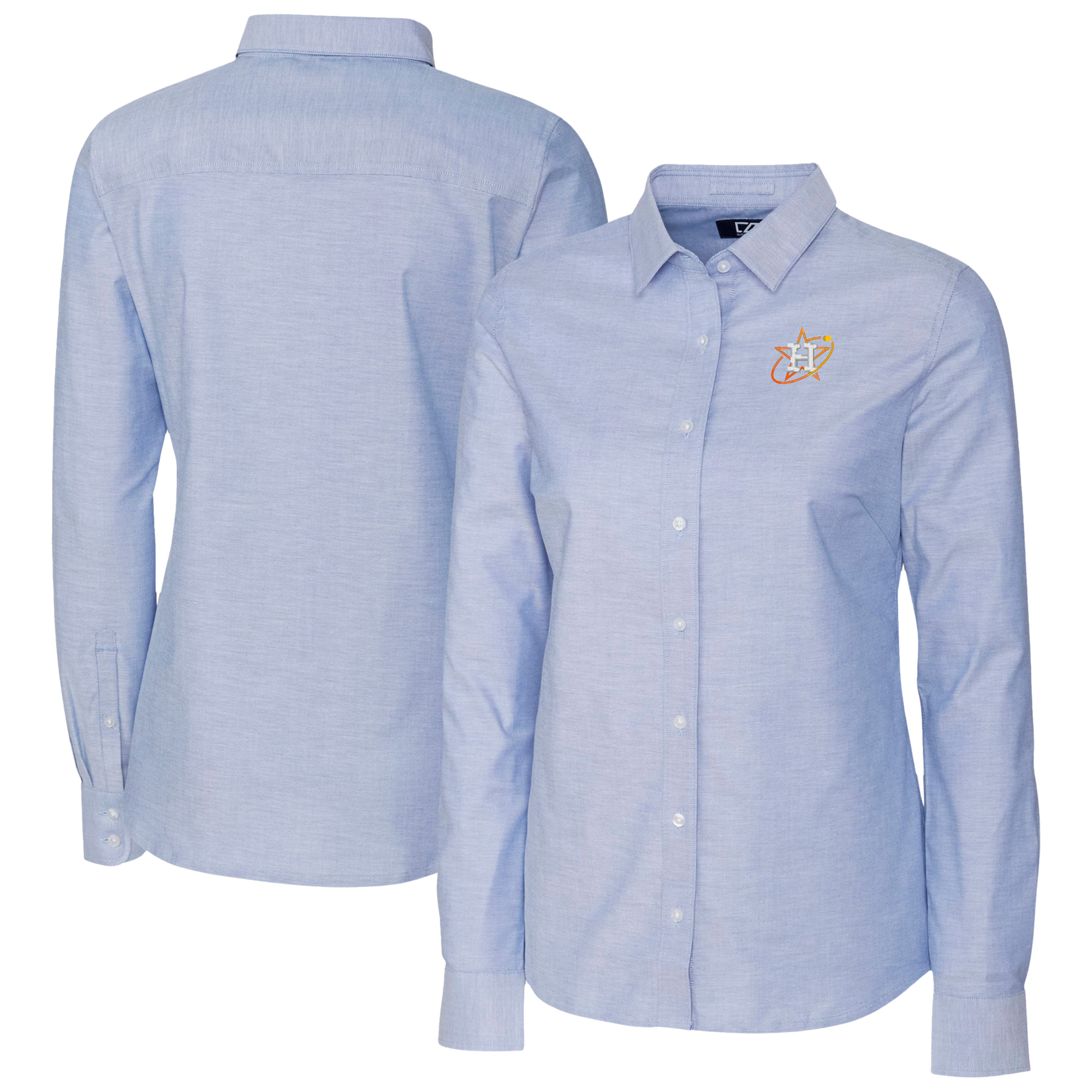 Women’s Cutter & Buck Light Blue Houston Astros City Connect Oxford Stretch Dress Shirt Women’s Cutter & Buck Light Blue Houston Astros City Connect Oxford Stretch Dress Shirt
