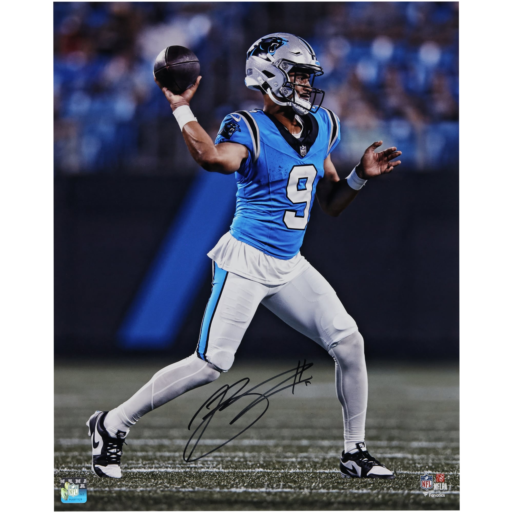 Bryce Young Carolina Panthers Autographed 16" x 20" Vertical Passing in Blue Jersey Photograph