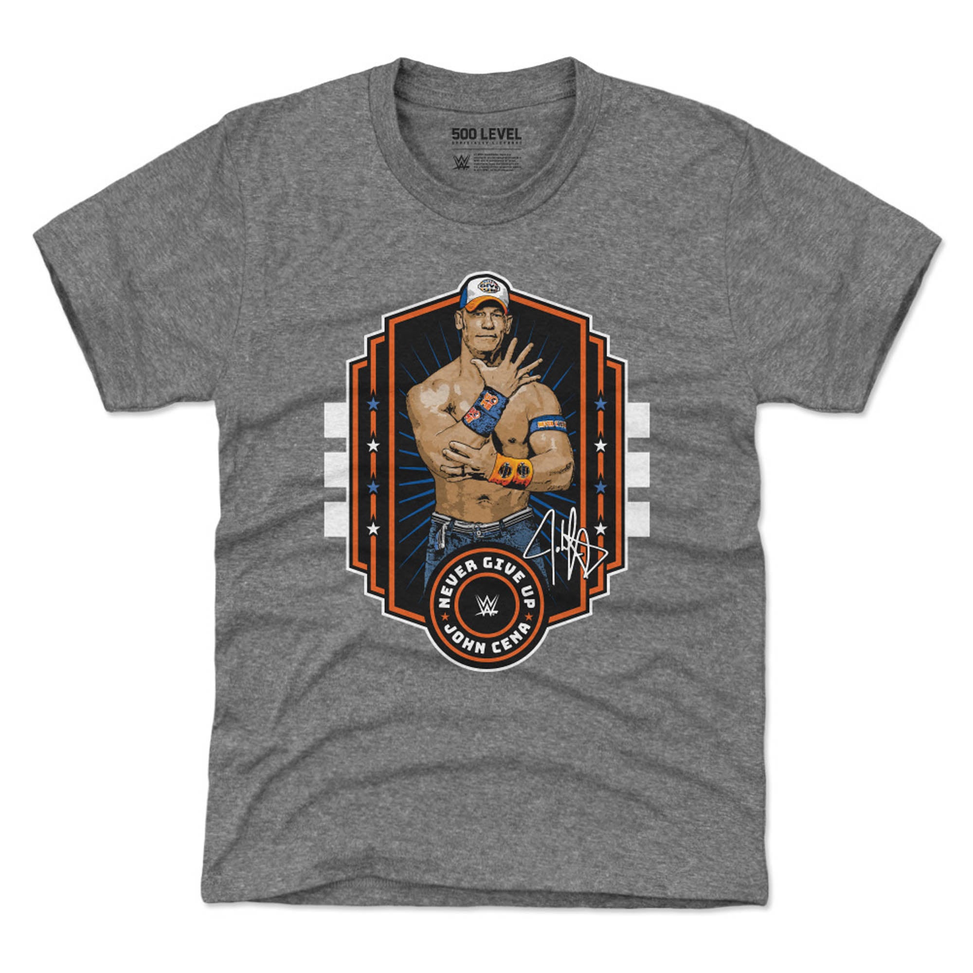 Youth 500 Level  Heather Gray John Cena Never Give Up Emblem T-Shirt