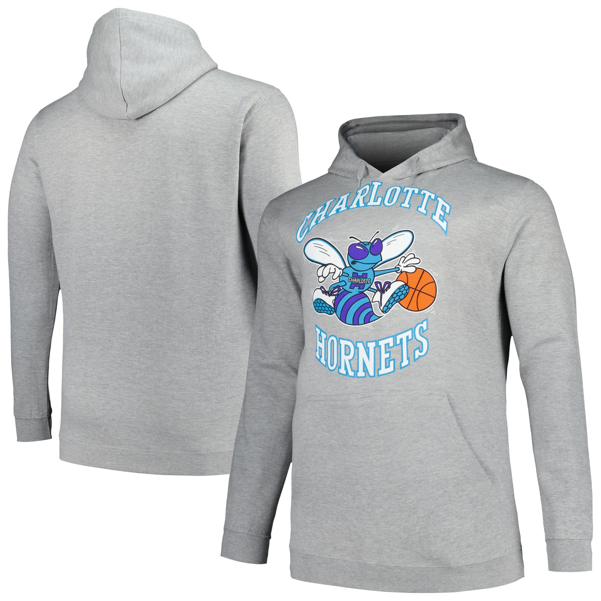 Men's Mitchell & Ness Heather Gray Charlotte Hornets Hardwood Classics Big & Tall Pullover Hoodie