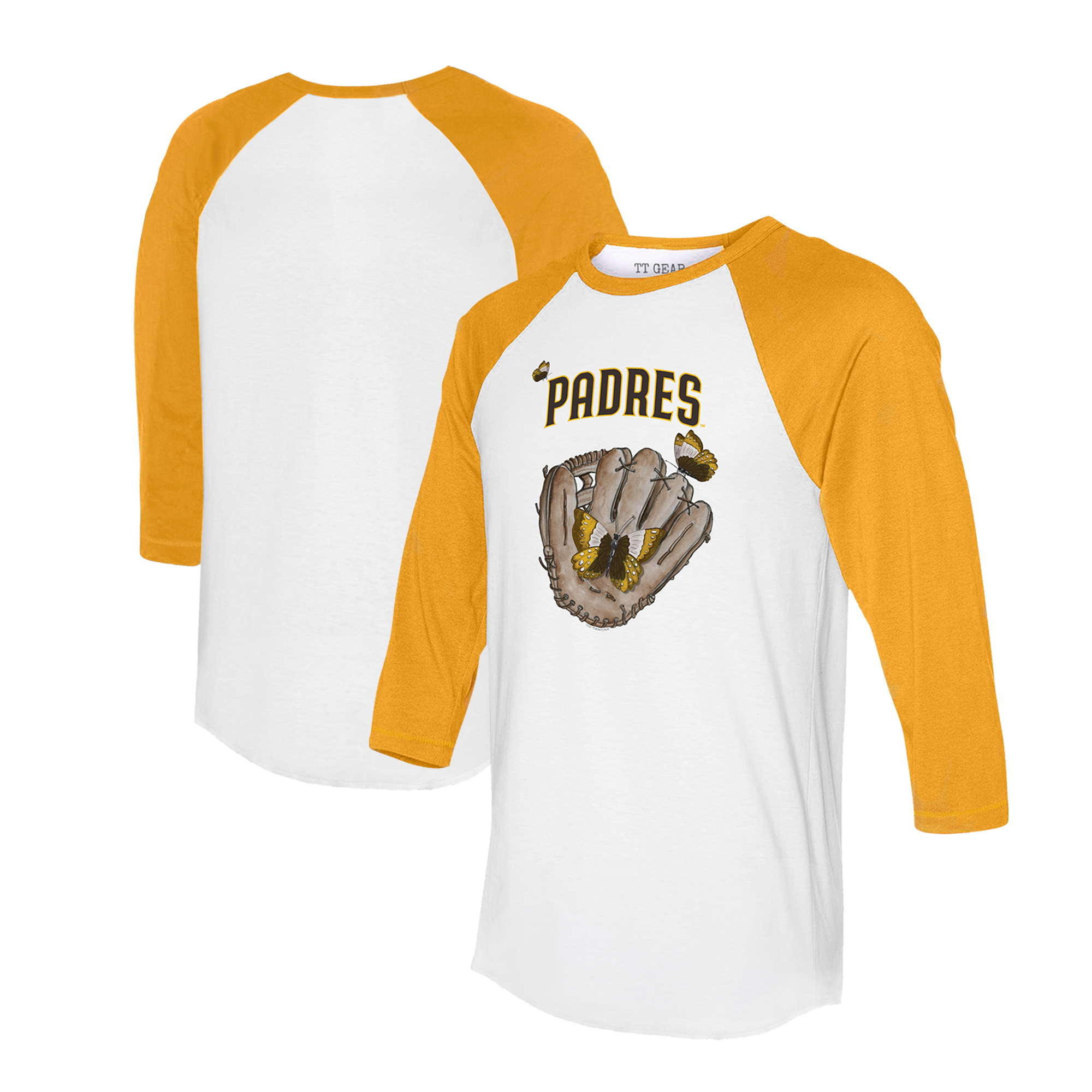 Unisex Tiny Turnip White/Gold San Diego Padres Butterfly Glove 3/4-Sleeve Raglan T-Shirt Unisex Tiny Turnip White/Gold San Diego Padres Butterfly Glove 3/4-Sleeve Raglan T-Shirt