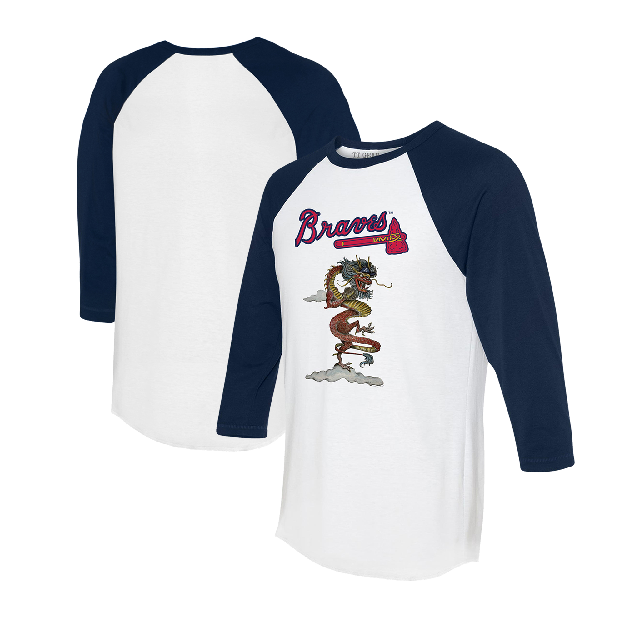 Unisex Tiny Turnip White/Navy Atlanta Braves 2024 Year of the Dragon 3/4-Sleeve Raglan T-Shirt Unisex Tiny Turnip White/Navy Atlanta Braves 2024 Year of the Dragon 3/4-Sleeve Raglan T-Shirt
