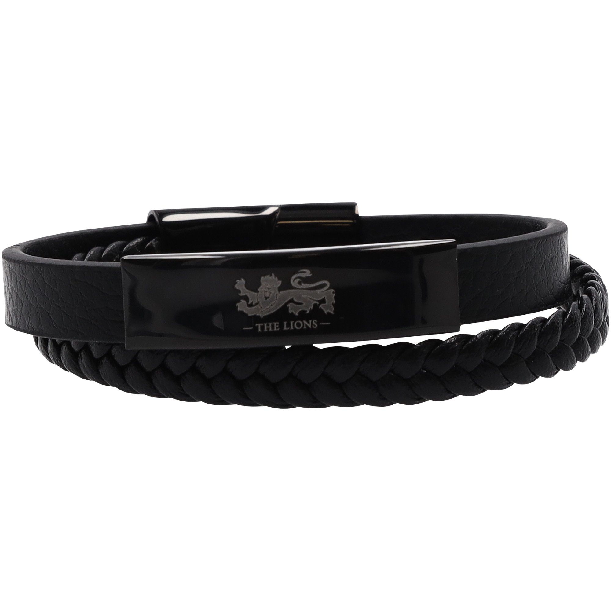 Bracciale avvolgente in pelle nera con leoni britannici e irlandesi