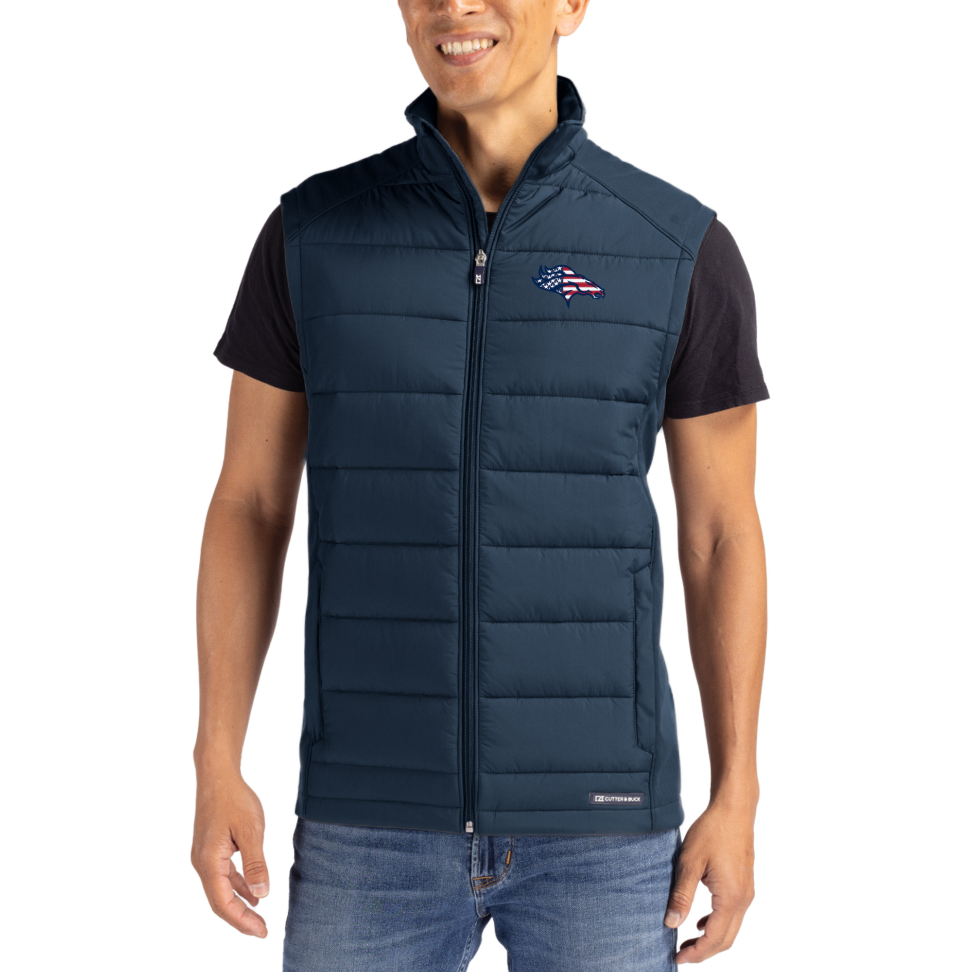 Men's Cutter & Buck Navy Denver Broncos Evoke Hybrid Eco Softshell Recycled Full-Zip Vest
