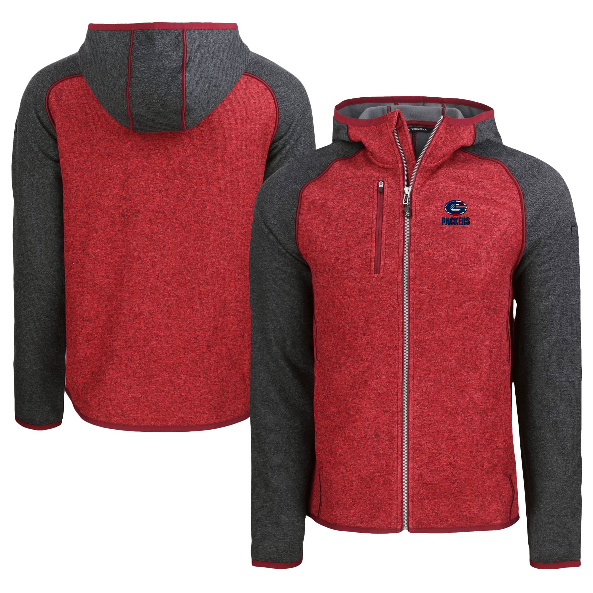 Men's Cutter & Buck Heather Red/Heather Charcoal Green Bay Packers Americana Mainsail Full-Zip Hooded Jacket