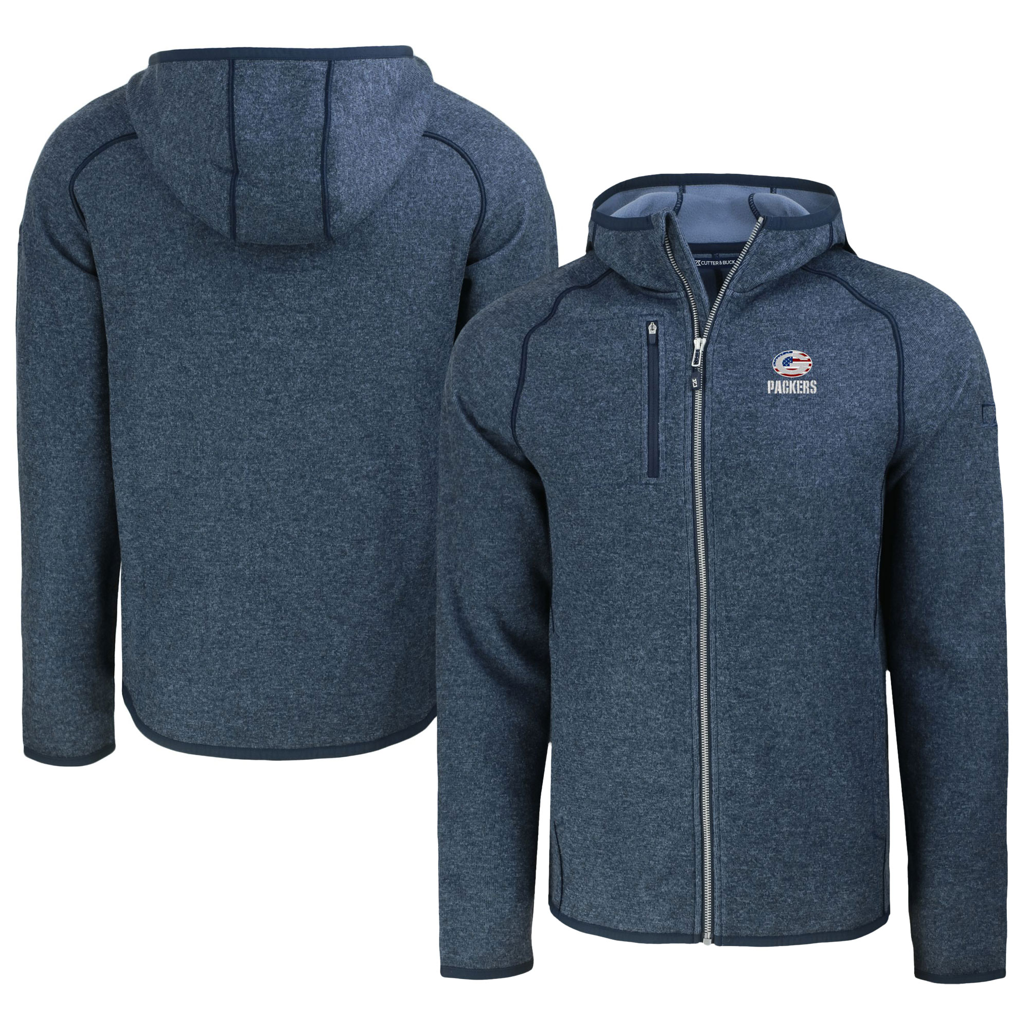 Men's Cutter & Buck Heather Navy Green Bay Packers Americana Mainsail Full-Zip Hooded Jacket