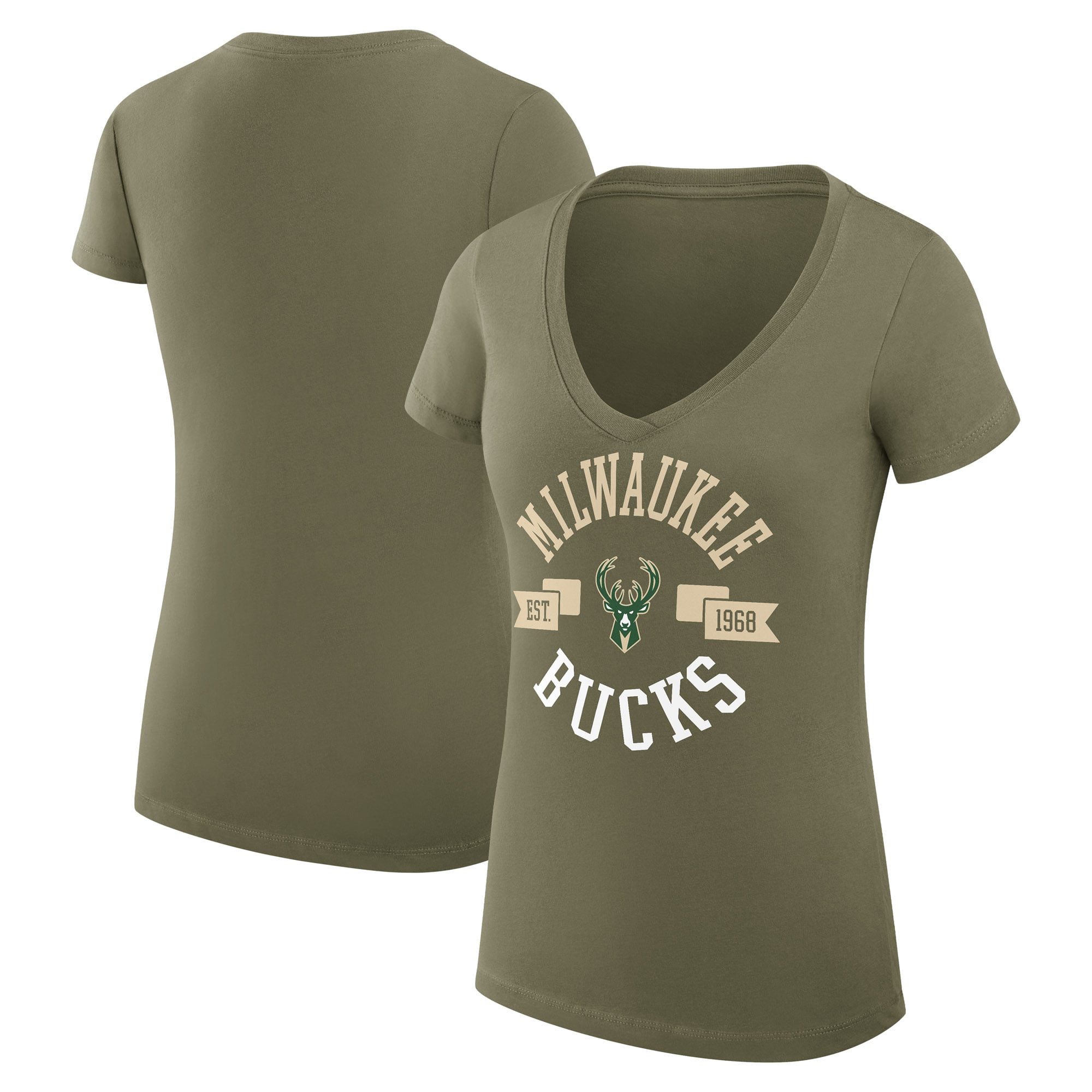 Women's G-III 4Her by Carl Banks Olive Milwaukee Bucks Super-Slim Fit Lightweight Large City Logo V-Neck T-Shirt