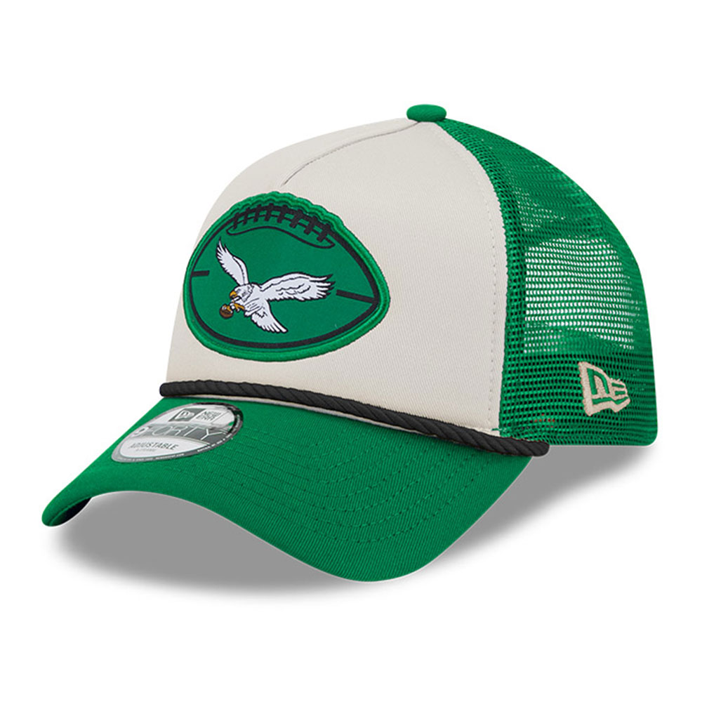 Men's New Era Stone/Kelly Green Philadelphia Eagles 2024 Sideline Historic 9FORTY A-Frame Trucker Adjustable Hat