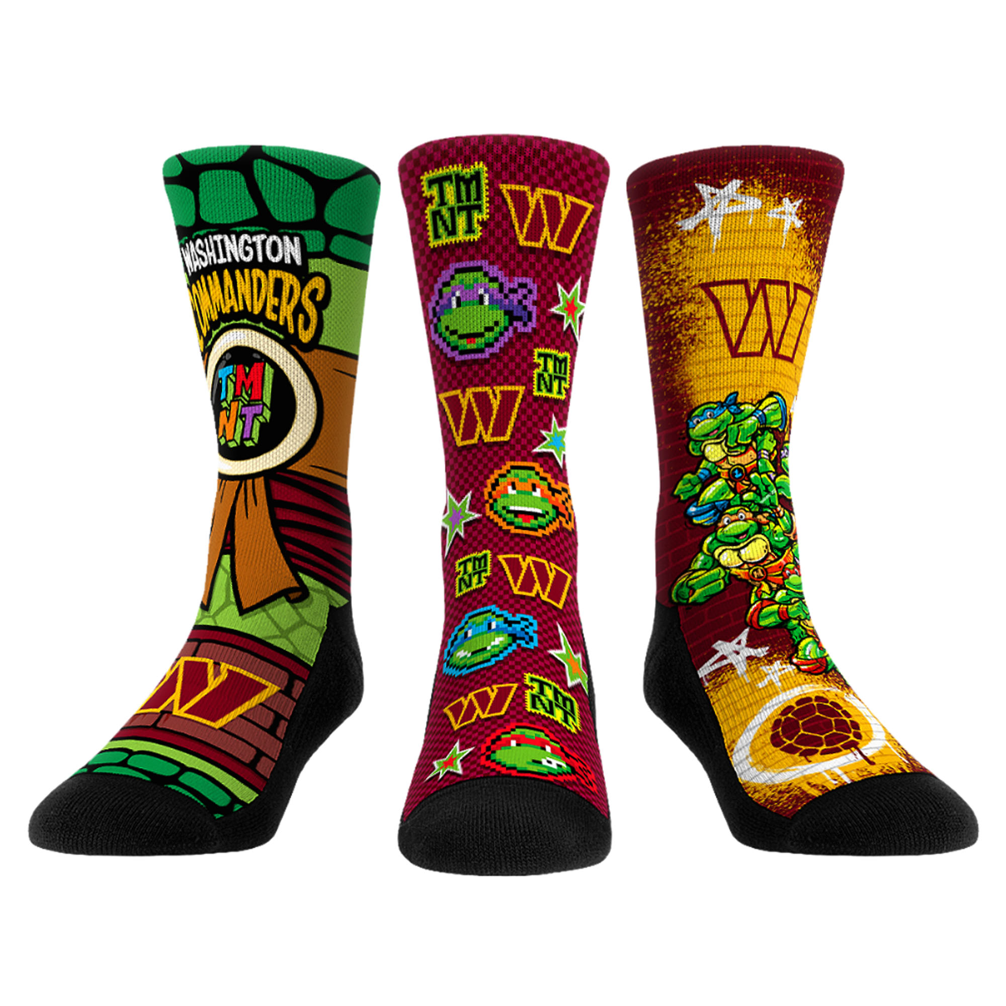 Unisex Rock Em Burgundy Washington Commanders TMNT Three-Pack Crew Sock Set