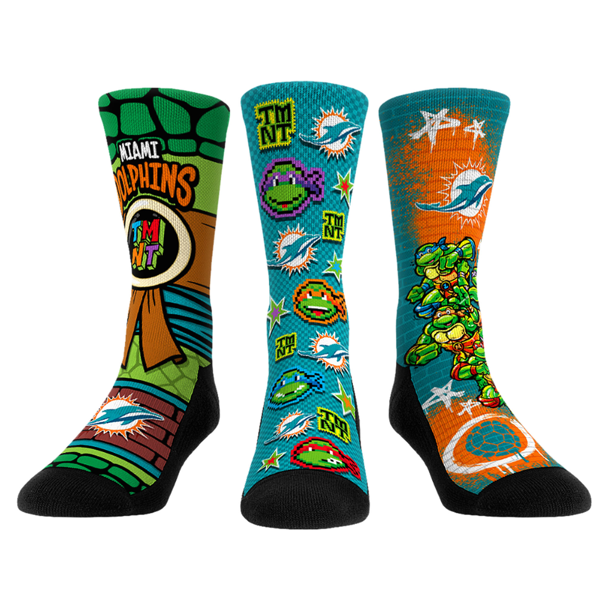 Unisex Rock Em Aqua Miami Dolphins TMNT Three-Pack Crew Sock Set