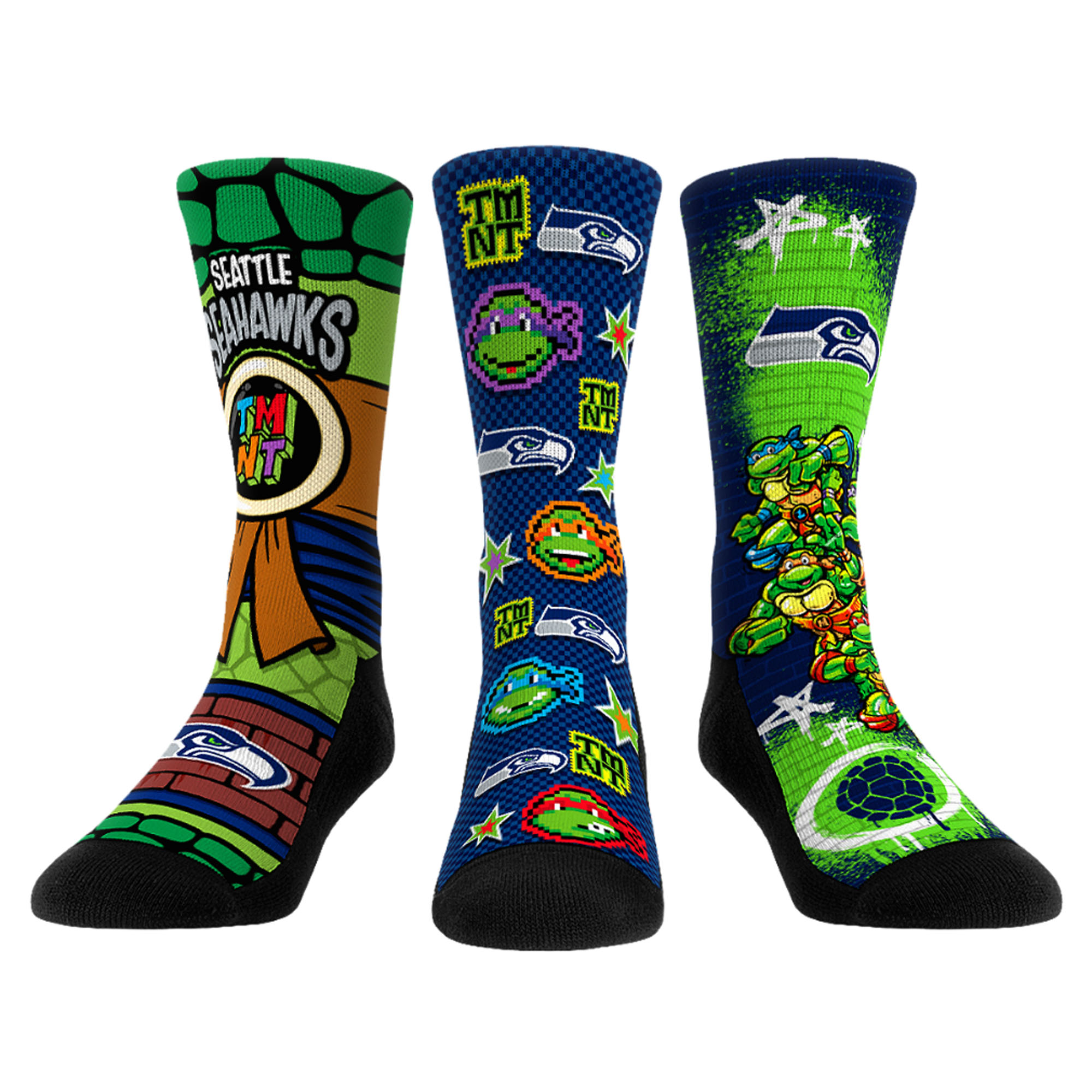 Unisex Rock Em Navy Seattle Seahawks TMNT Three-Pack Crew Sock Set