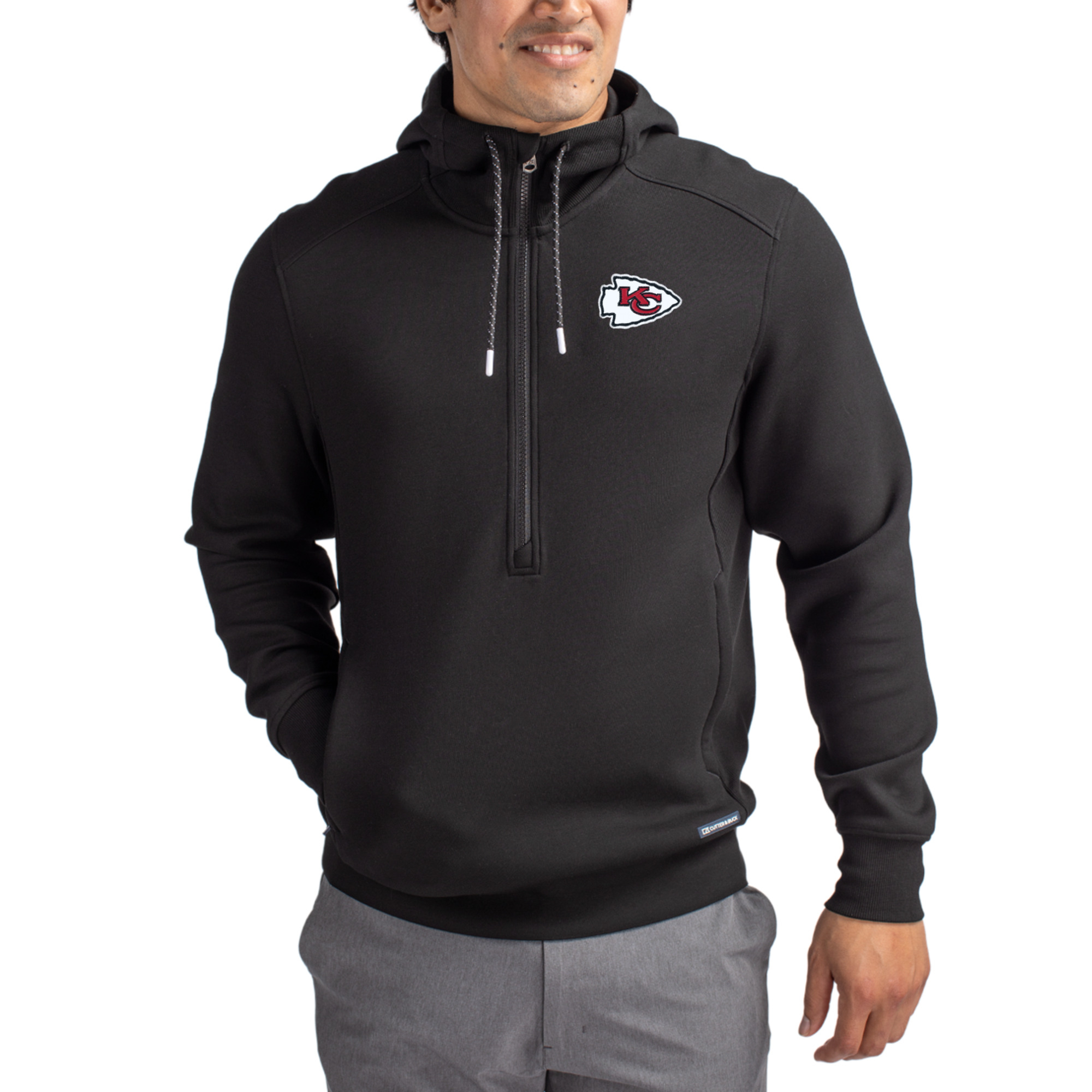 Men's Cutter & Buck Black Kansas City Chiefs Primary Mark Roam Eco Recycled Half-Zip Pullover Hoodie