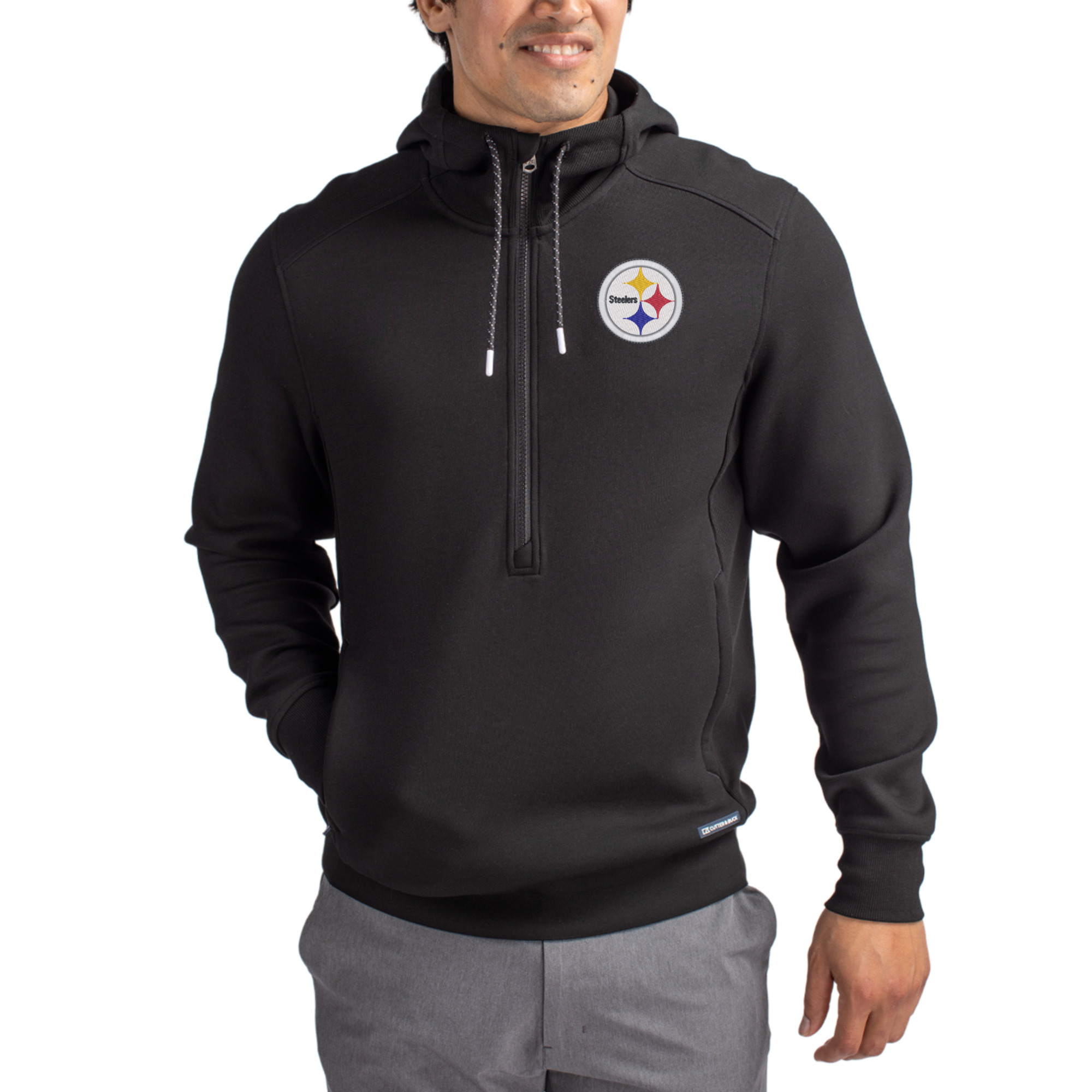 Men's Cutter & Buck Black Pittsburgh Steelers Primary Mark Roam Eco Recycled Half-Zip Pullover Hoodie