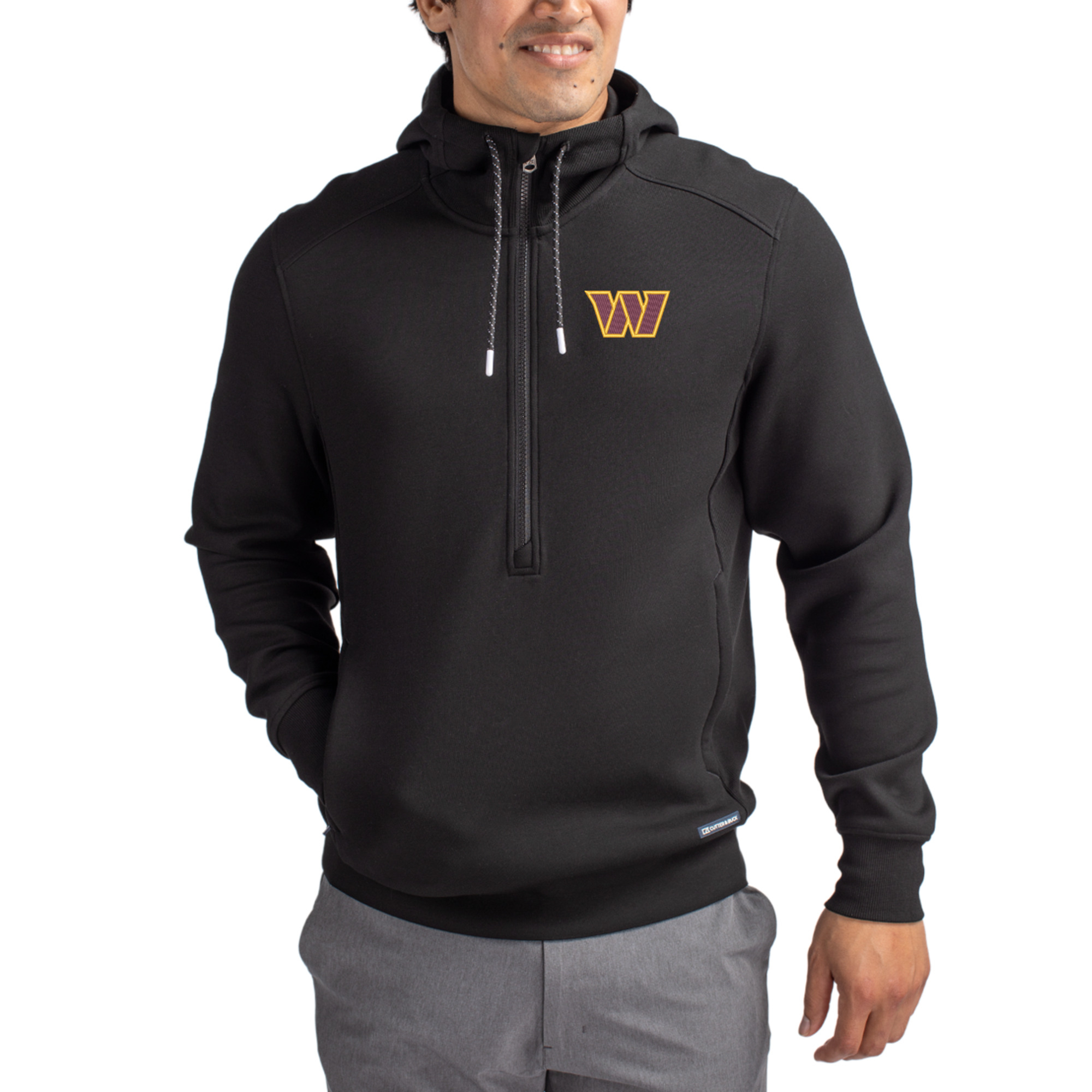Men's Cutter & Buck Black Washington Commanders Primary Mark Roam Eco Recycled Half-Zip Pullover Hoodie