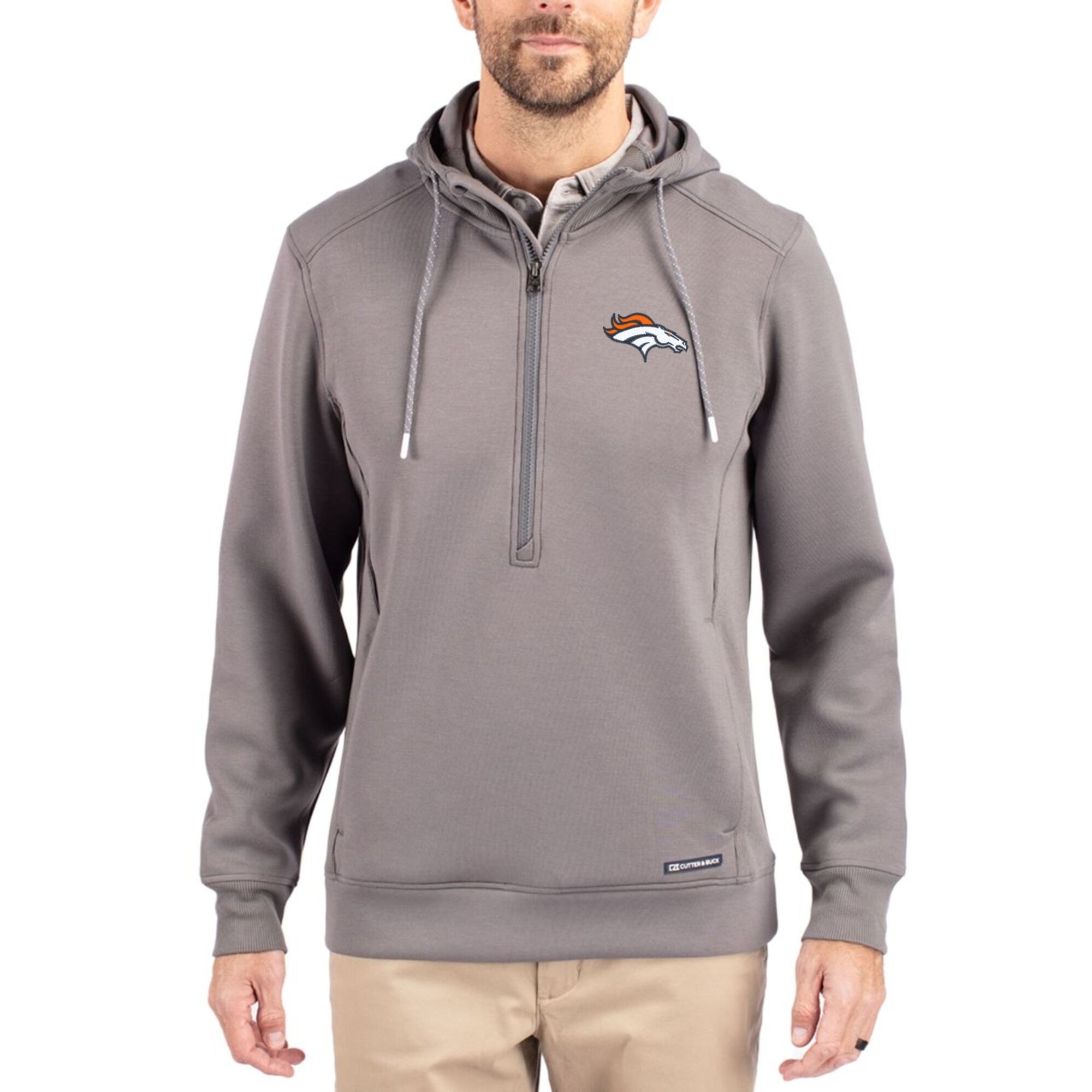 Men's Cutter & Buck Gray Denver Broncos Primary Mark Roam Eco Recycled Half-Zip Pullover Hoodie
