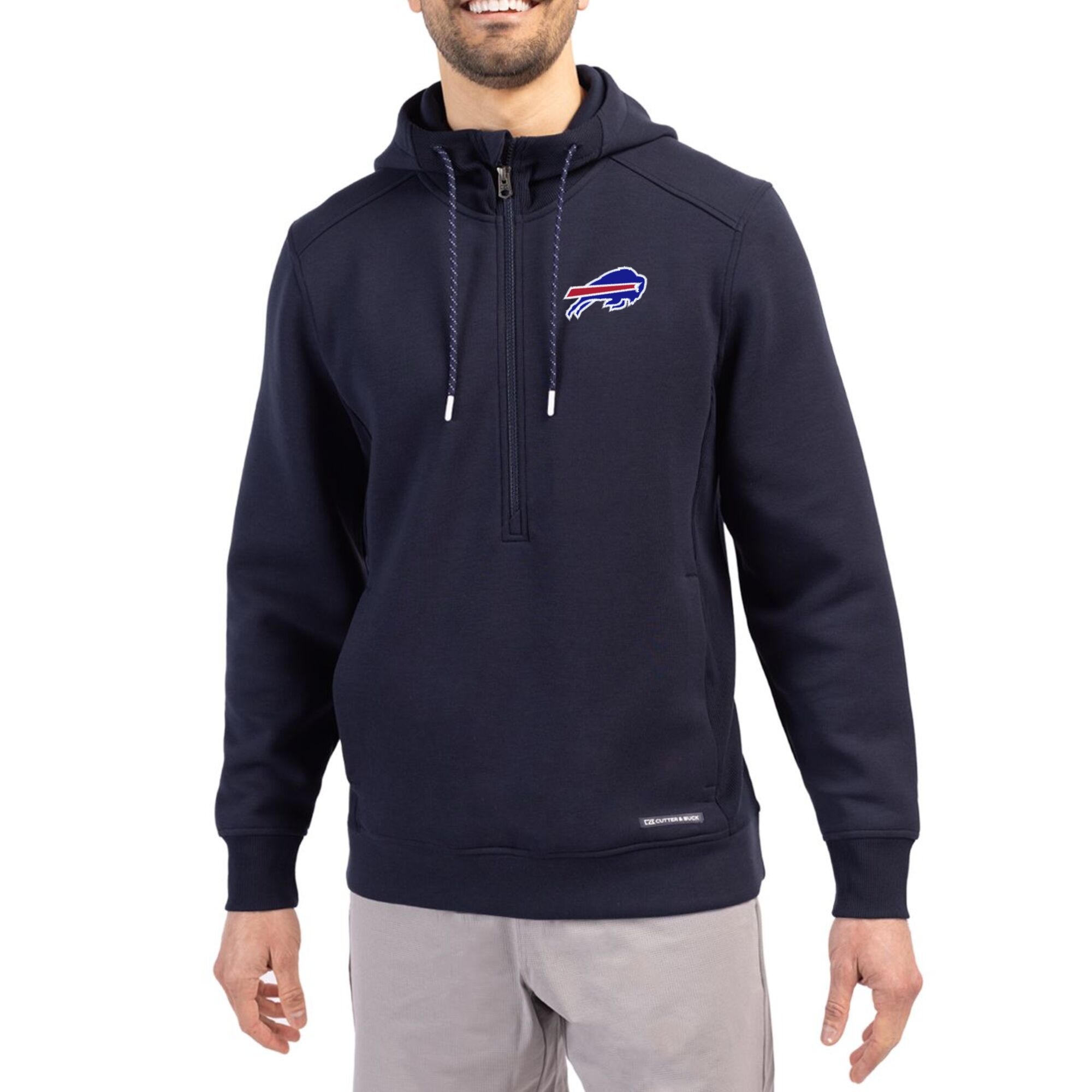 Men's Cutter & Buck Navy Buffalo Bills Primary Mark Roam Eco Recycled Half-Zip Pullover Hoodie