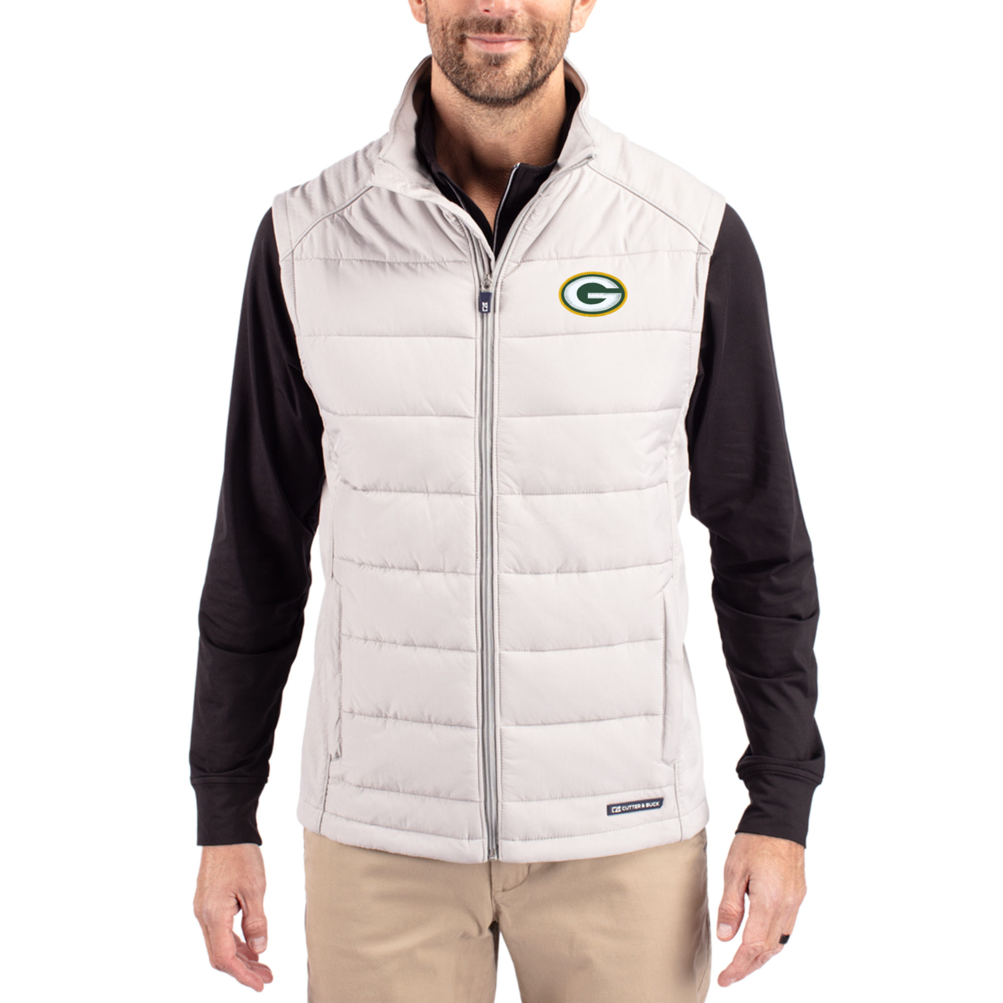 Men's Cutter & Buck Gray Green Bay Packers Primary Mark Evoke PrimaLoft Hybrid Eco Softshell Recycled Full-Zip Vest