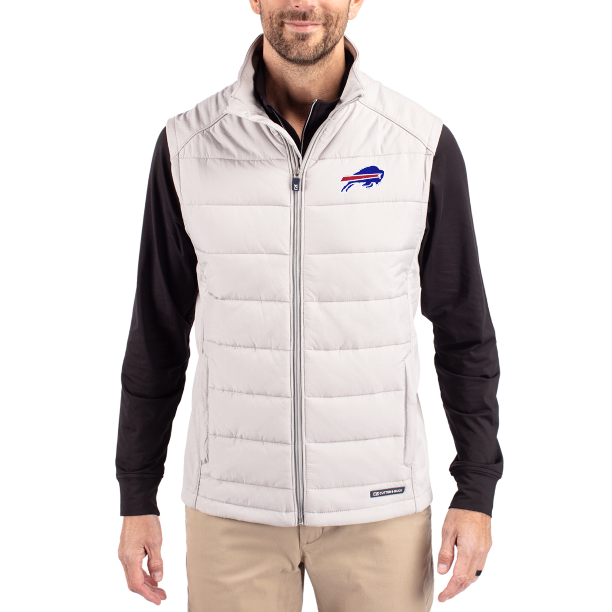 Men's Cutter & Buck Gray Buffalo Bills Primary Mark Evoke PrimaLoft Hybrid Eco Softshell Recycled Full-Zip Vest