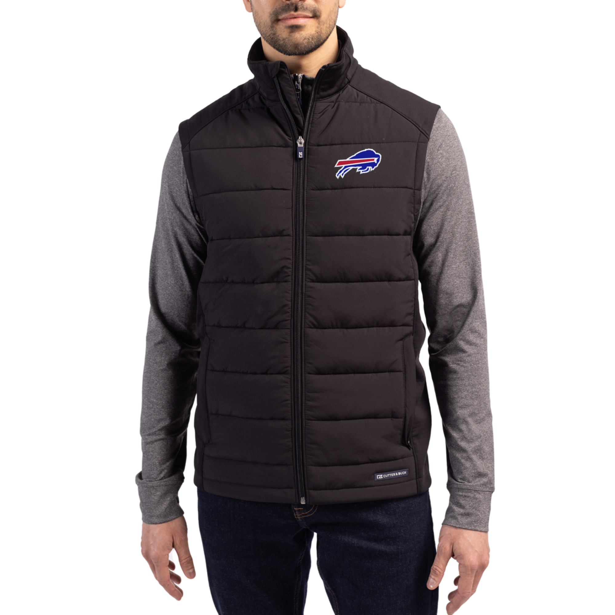 Men's Cutter & Buck Black Buffalo Bills Primary Mark Evoke PrimaLoft Hybrid Eco Softshell Recycled Full-Zip Vest