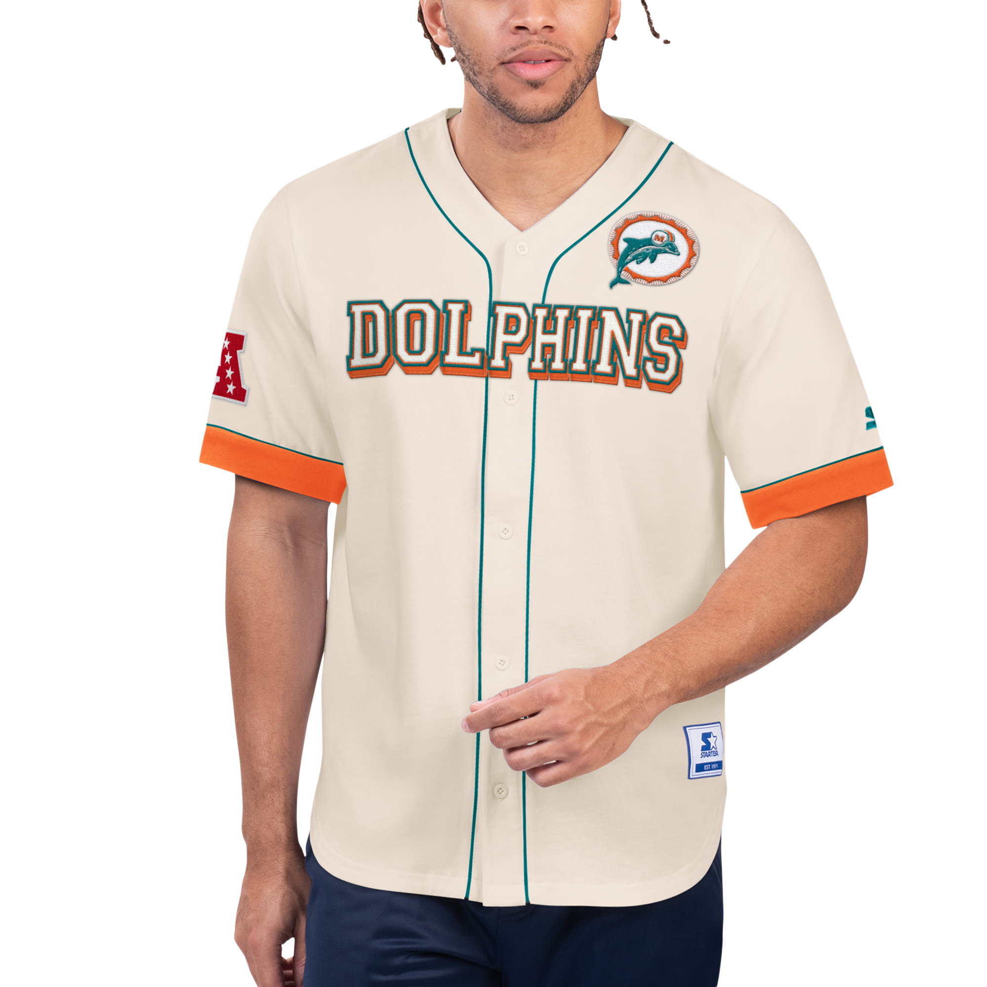 Men's Starter Cream Miami Dolphins Relay Vintage Full-Button Baseball Top