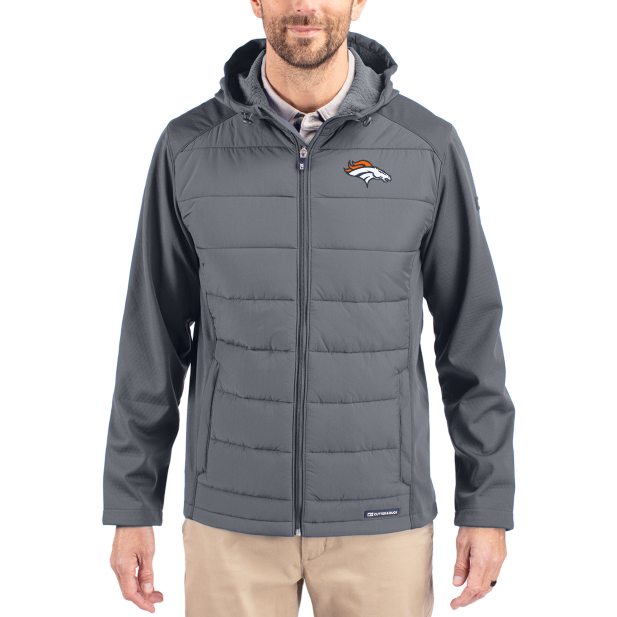 Men's Cutter & Buck Gray Denver Broncos  Evoke PrimaLoft Hybrid Eco Softshell Recycled Full-Zip Hooded Jacket